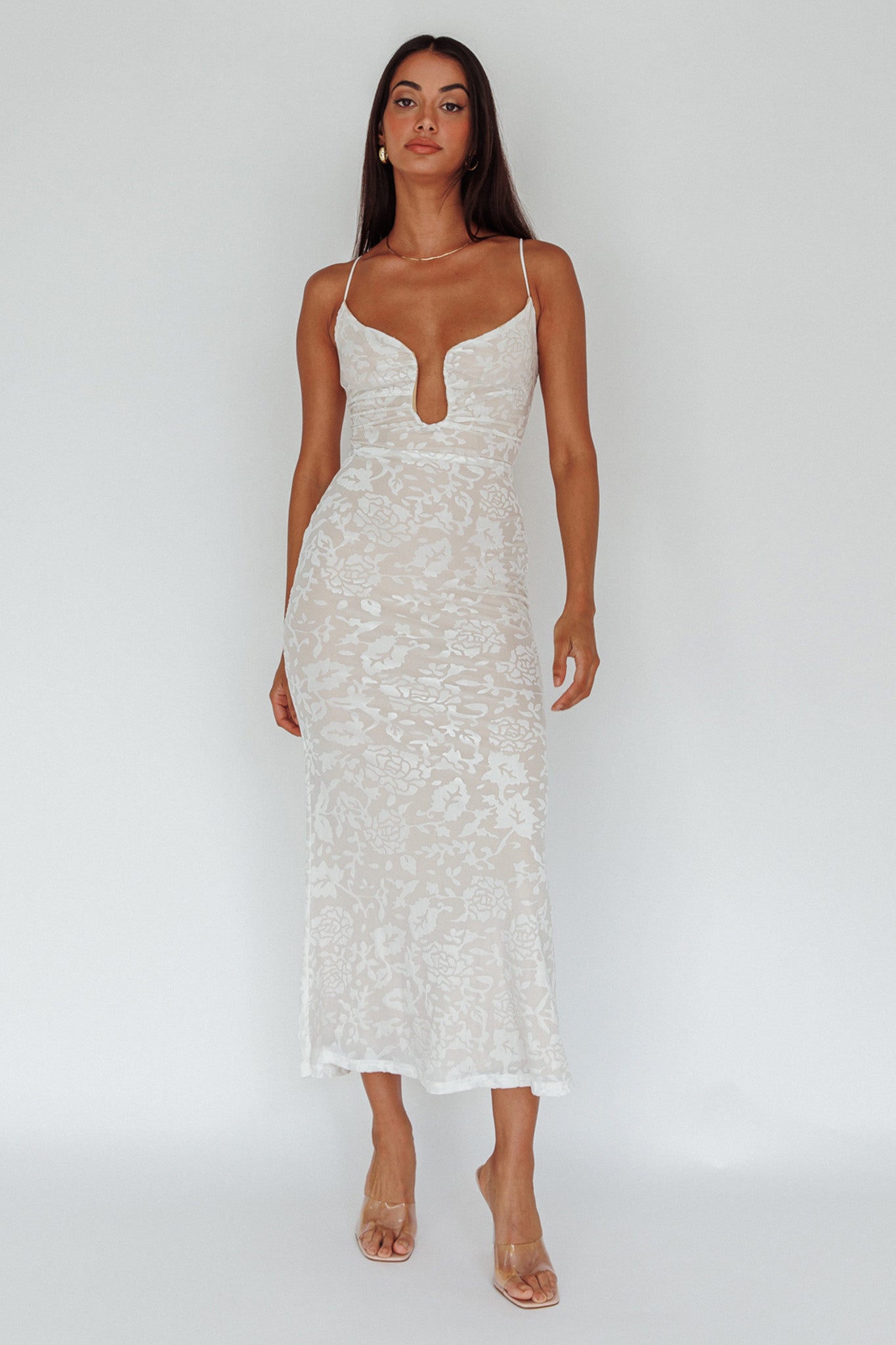 Nouveau U-Neckline Midi Dress Floral White-Maymioy