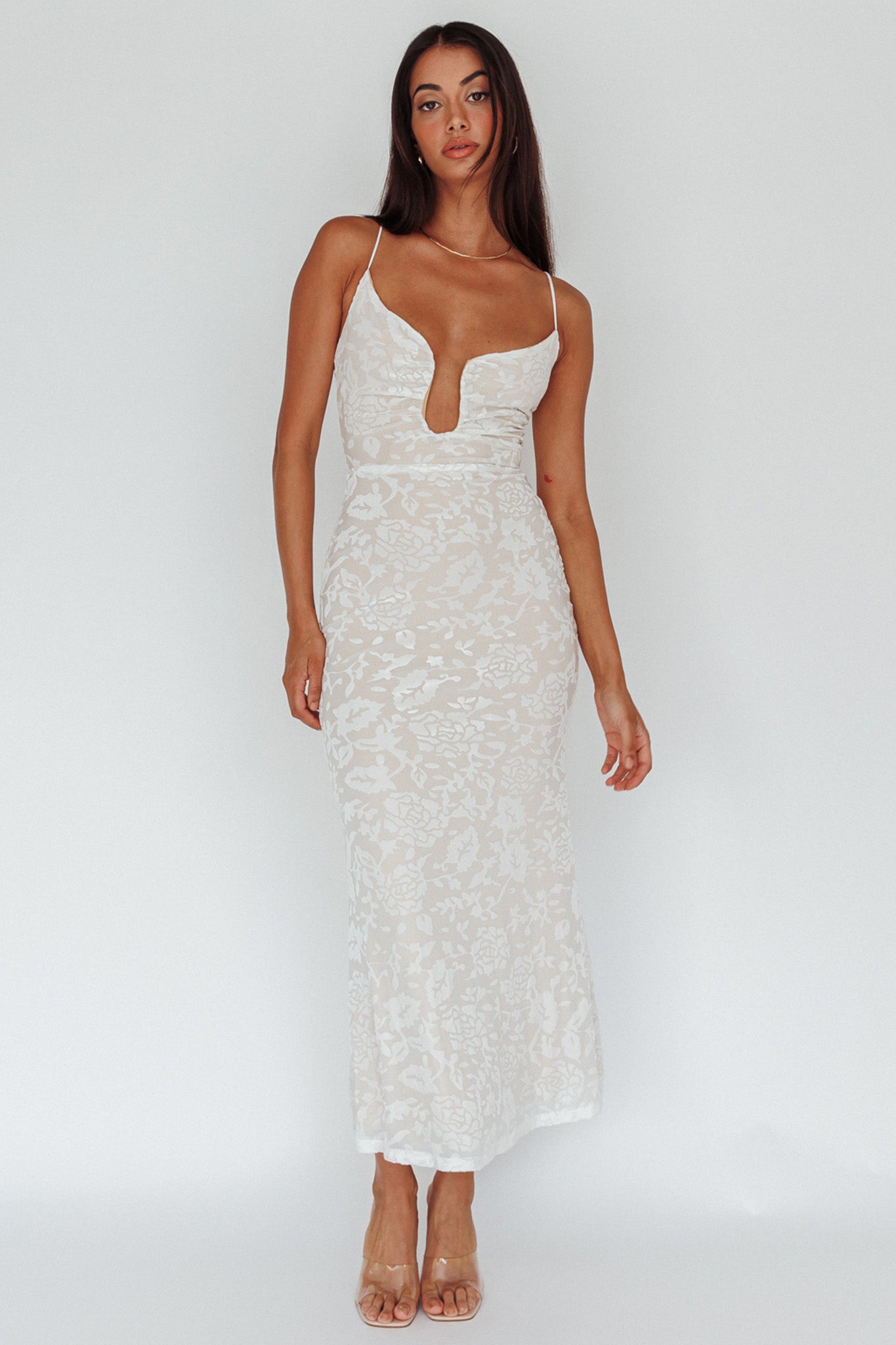 Nouveau U-Neckline Midi Dress Floral White-Maymioy