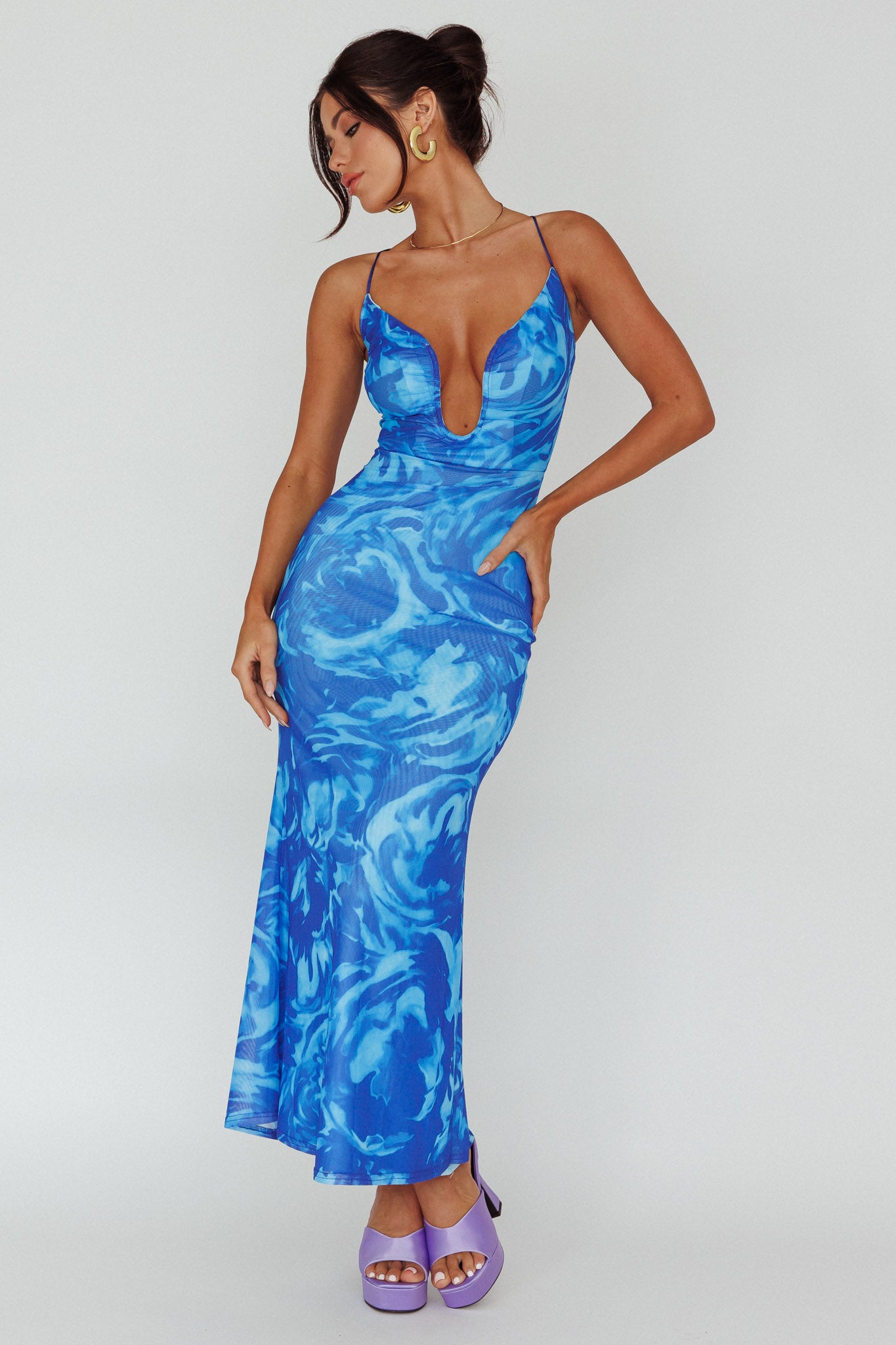 Nouveau U-Neckline Midi Dress Marbled Blue-Maymioy