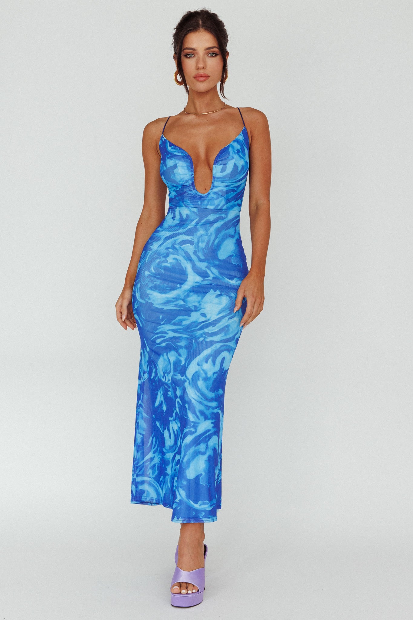 Nouveau U-Neckline Midi Dress Marbled Blue-Maymioy