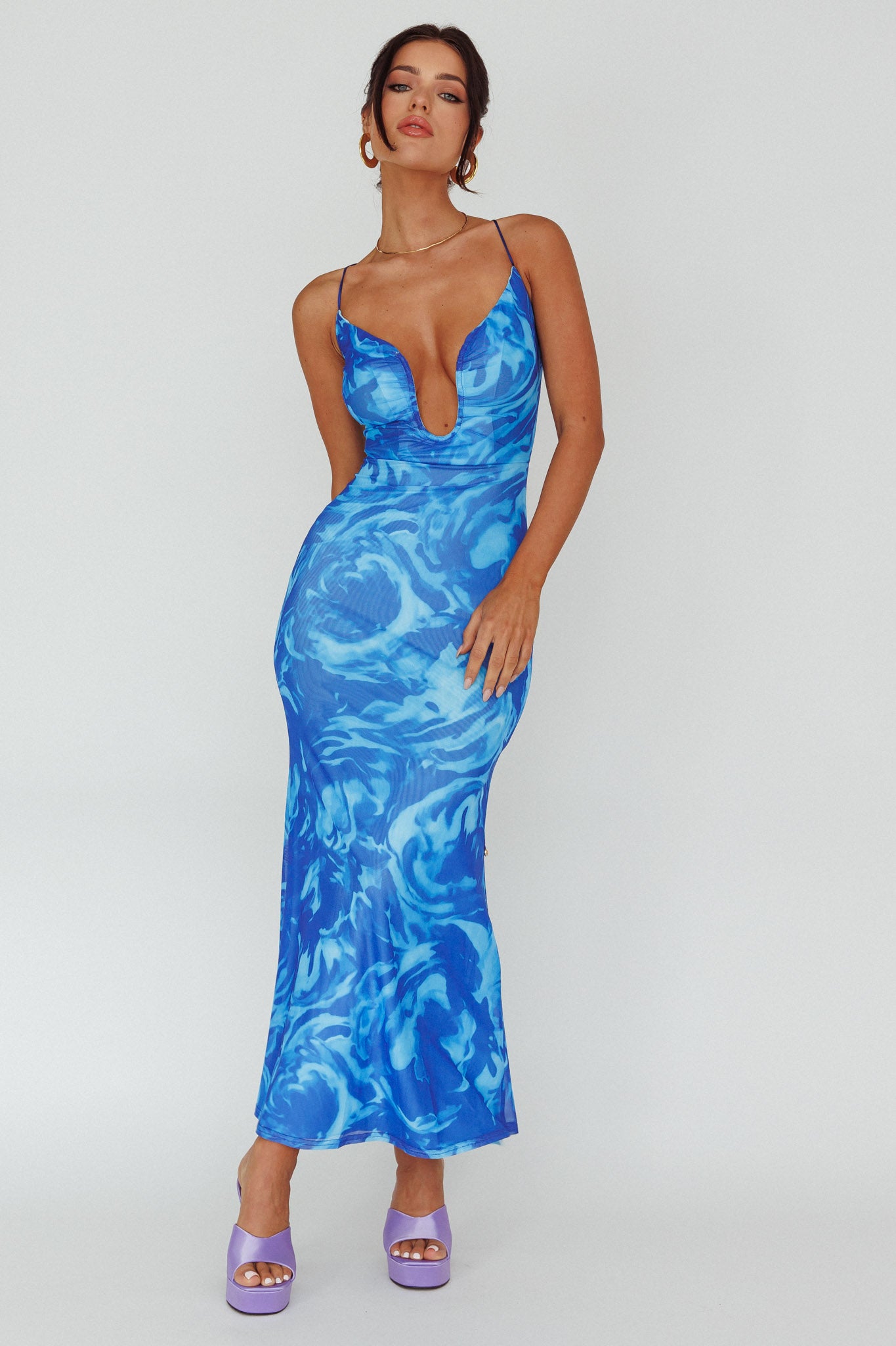 Nouveau U-Neckline Midi Dress Marbled Blue-Maymioy