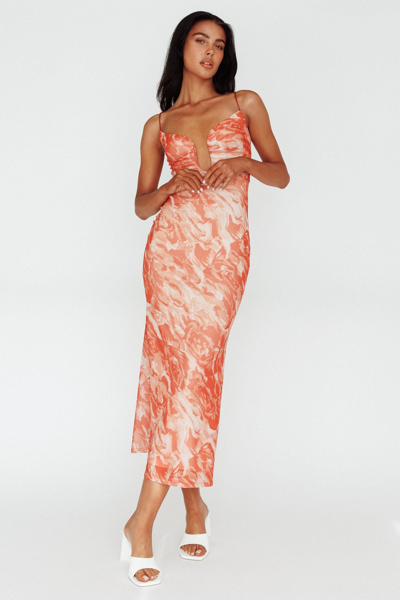 Nouveau U-Neckline Midi Dress Marbled Orange-Maymioy