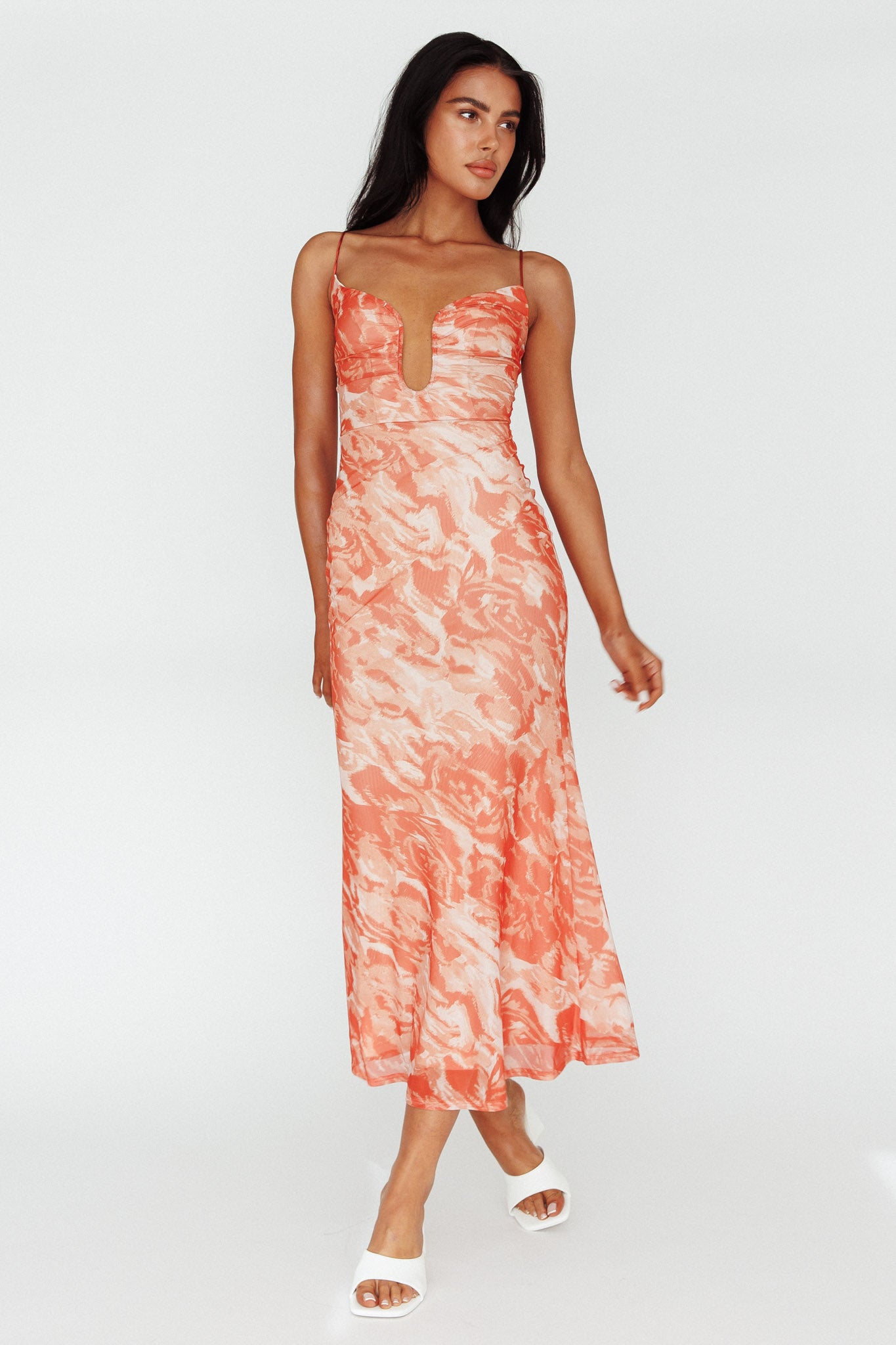 Nouveau U-Neckline Midi Dress Marbled Orange-Maymioy