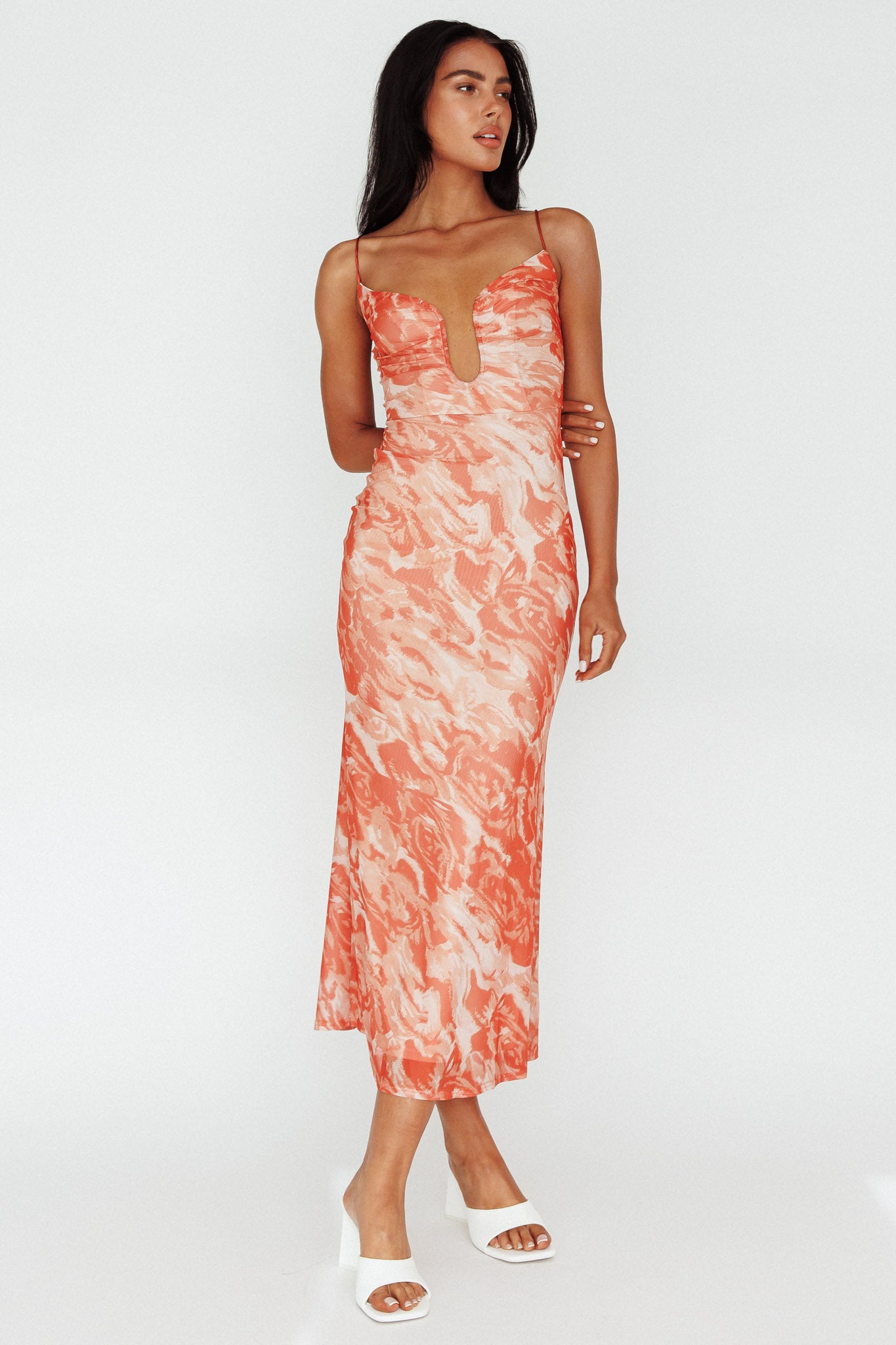 Nouveau U-Neckline Midi Dress Marbled Orange-Maymioy