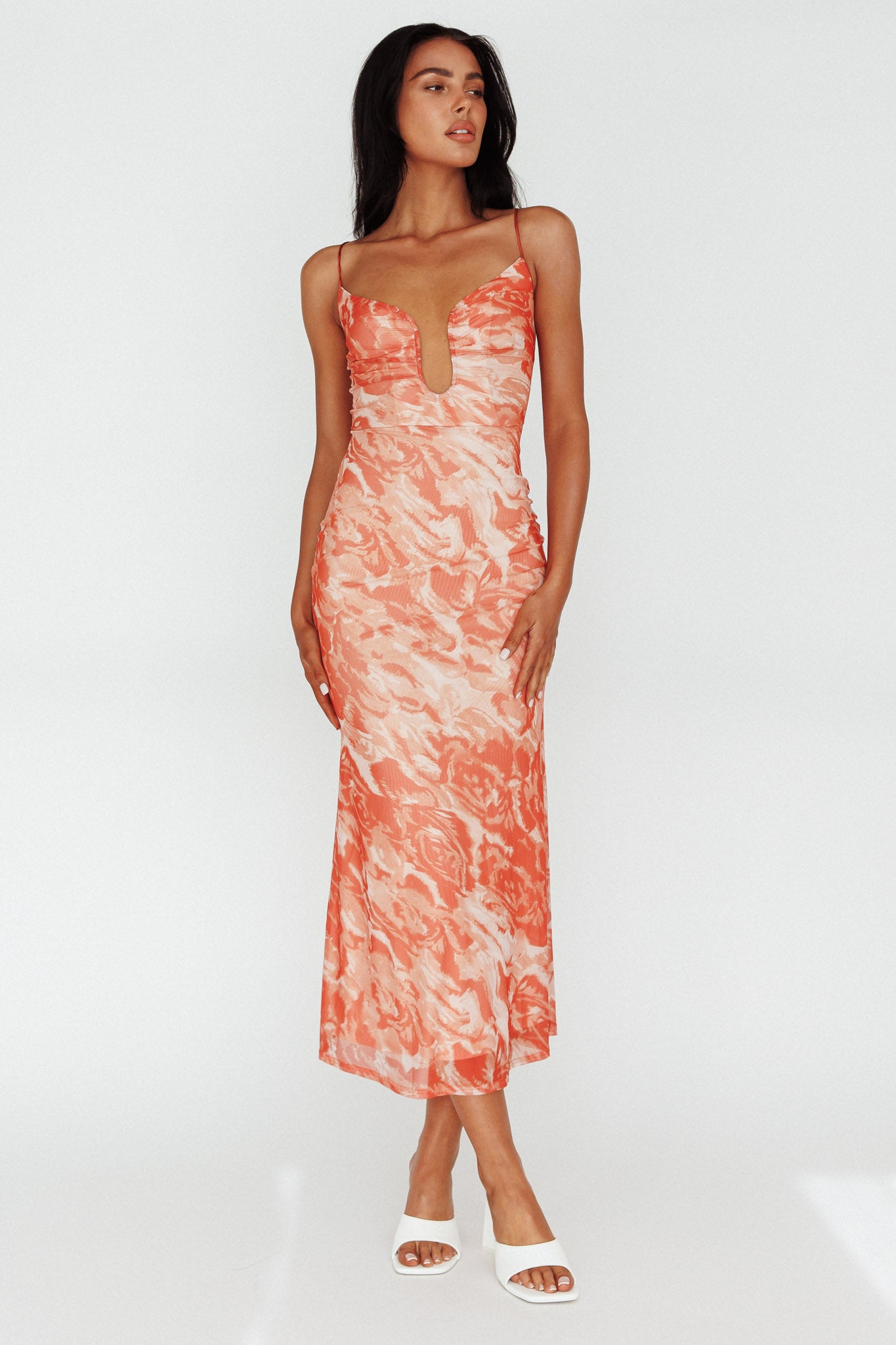 Nouveau U-Neckline Midi Dress Marbled Orange-Maymioy