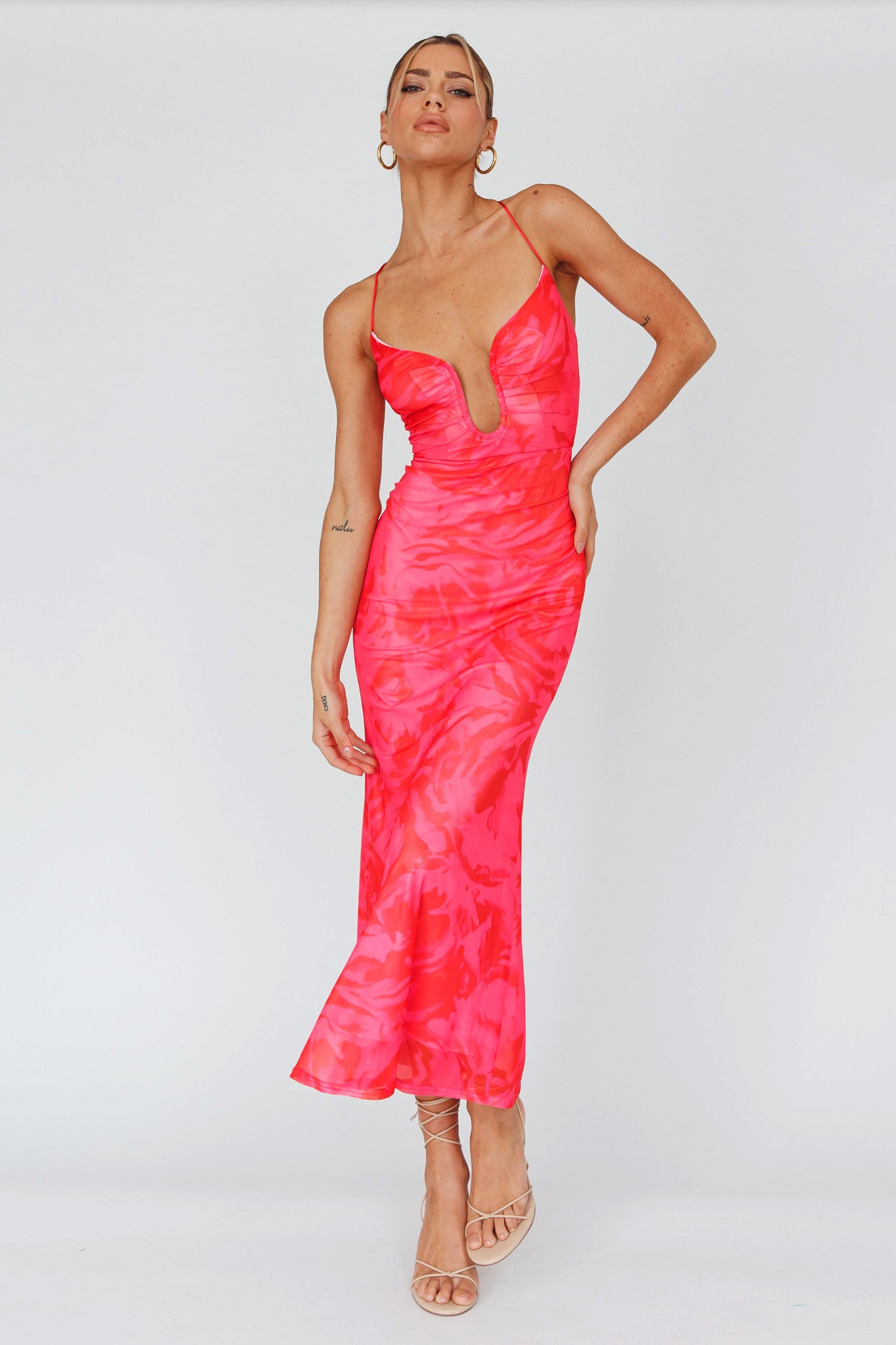 Nouveau U-Neckline Midi Dress Marbled Pink-Maymioy