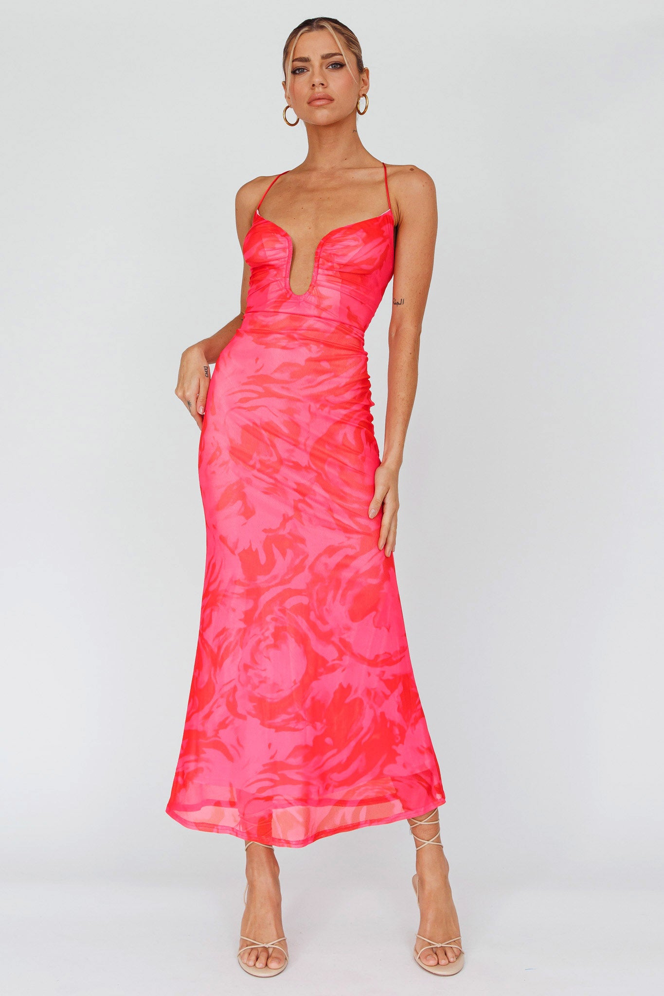 Nouveau U-Neckline Midi Dress Marbled Pink-Maymioy