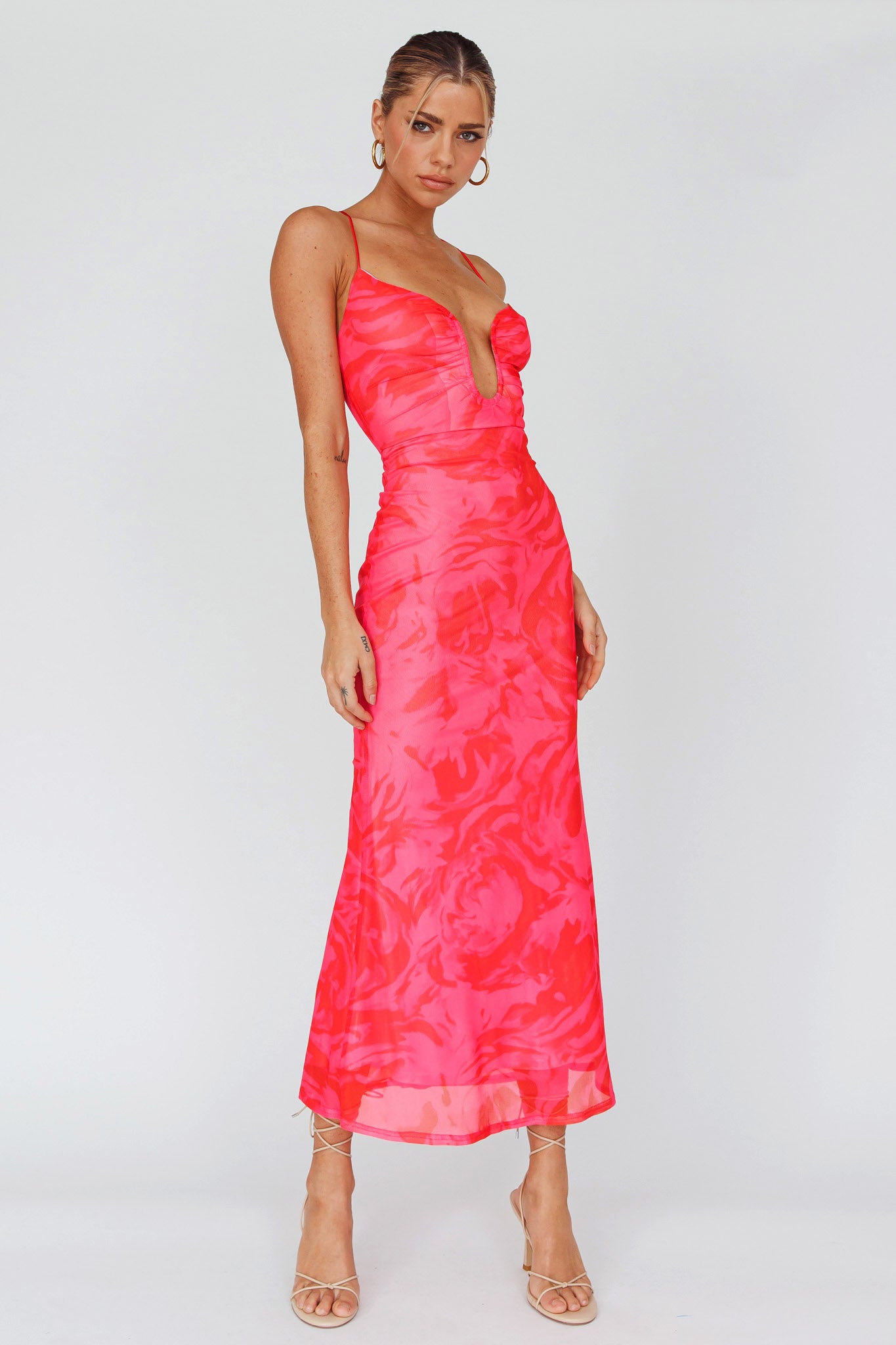 Nouveau U-Neckline Midi Dress Marbled Pink-Maymioy