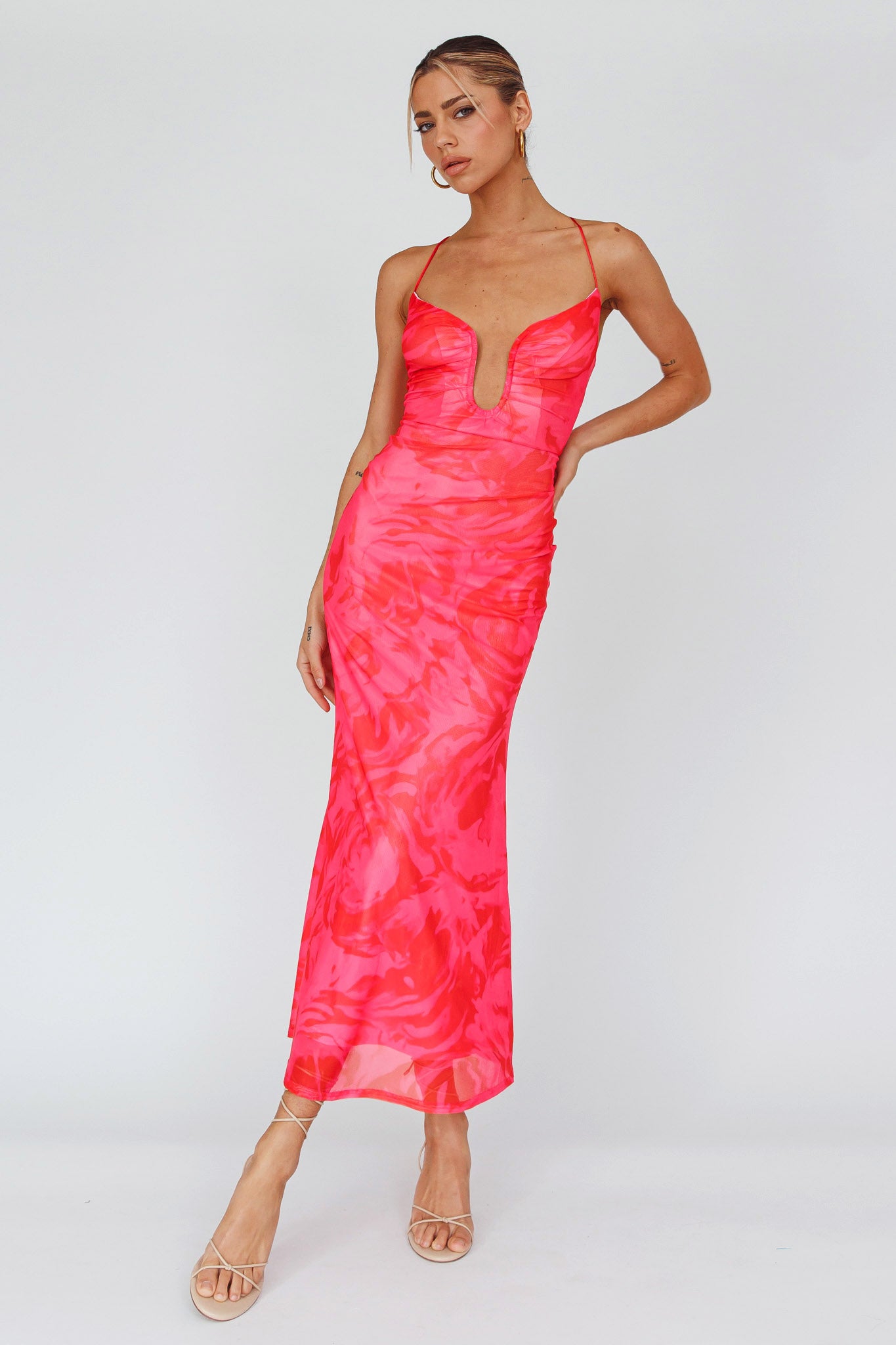Nouveau U-Neckline Midi Dress Marbled Pink-Maymioy