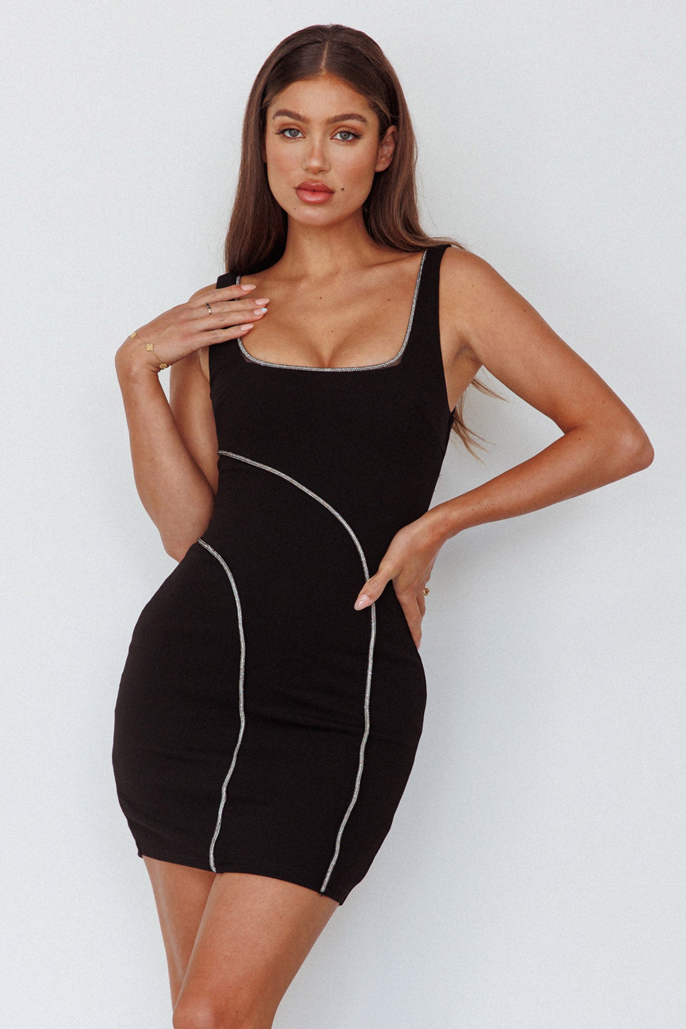 Jourdan Diamante Rope Trim Mini Dress Black-Maymioy