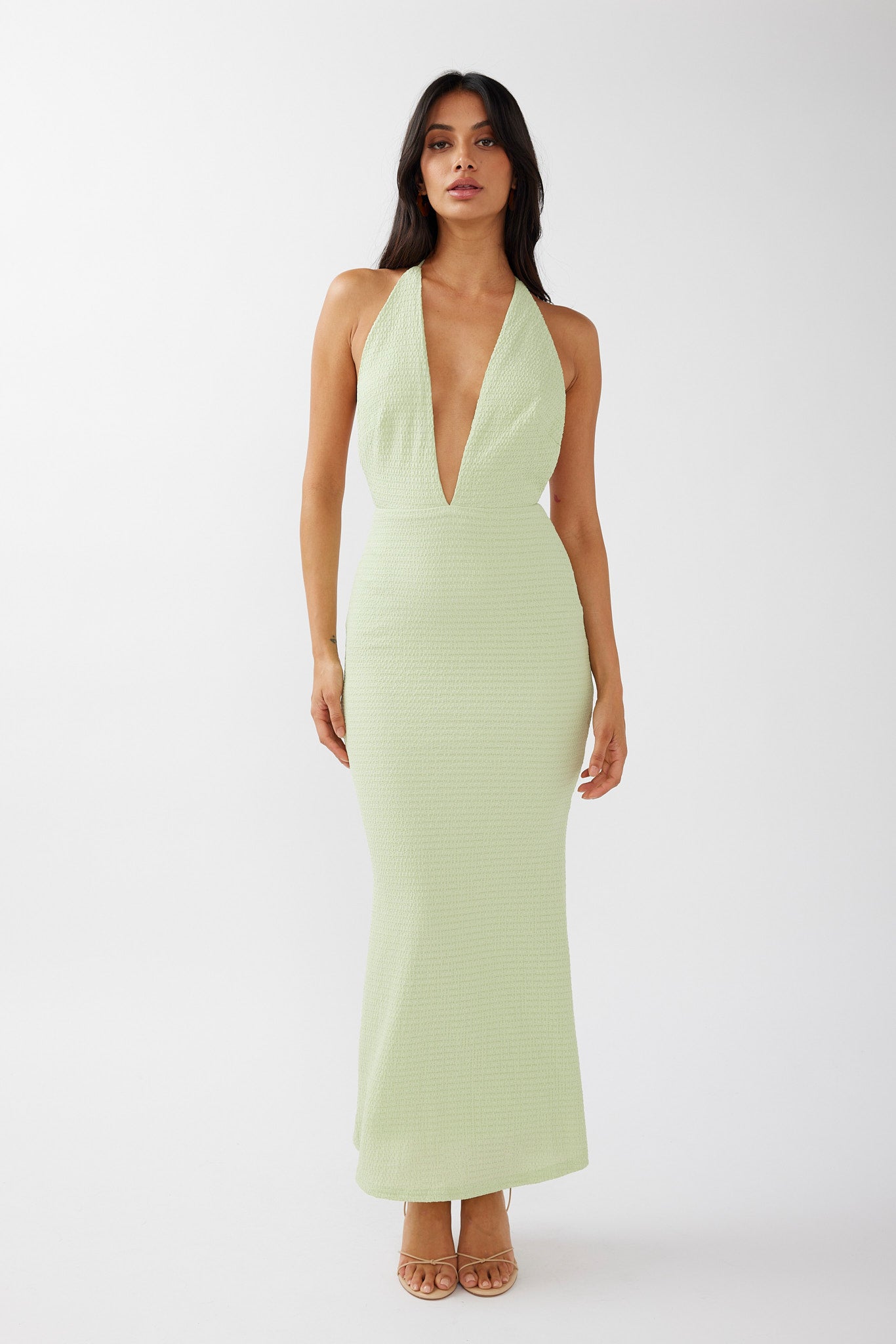 Mayah Halterneck Maxi Dress Textured Sage-Maymioy