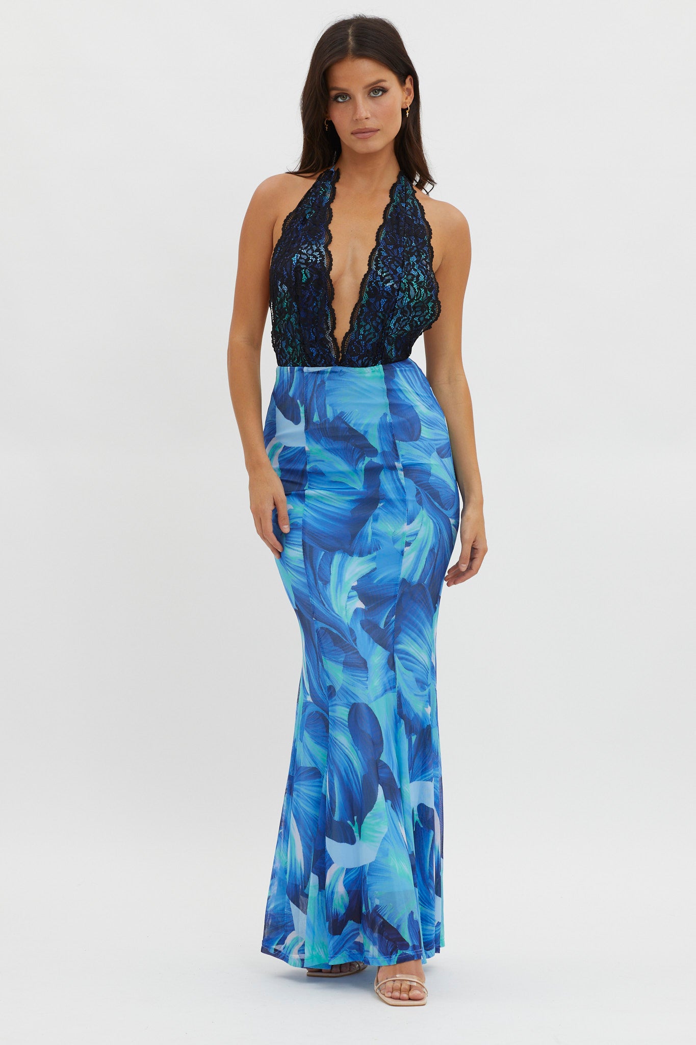 Mayah Lace Halterneck Maxi Dress Abstract Blue-Maymioy