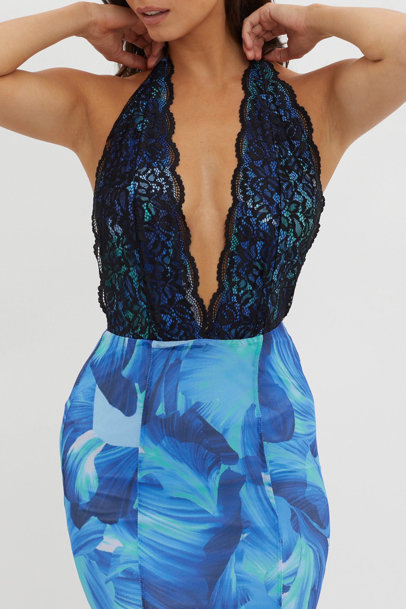 Mayah Lace Halterneck Maxi Dress Abstract Blue-Maymioy