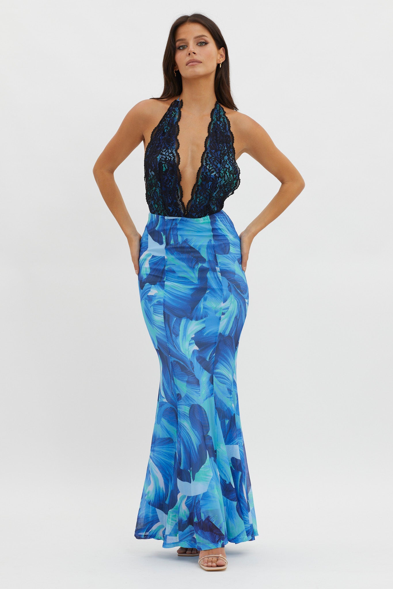 Mayah Lace Halterneck Maxi Dress Abstract Blue-Maymioy