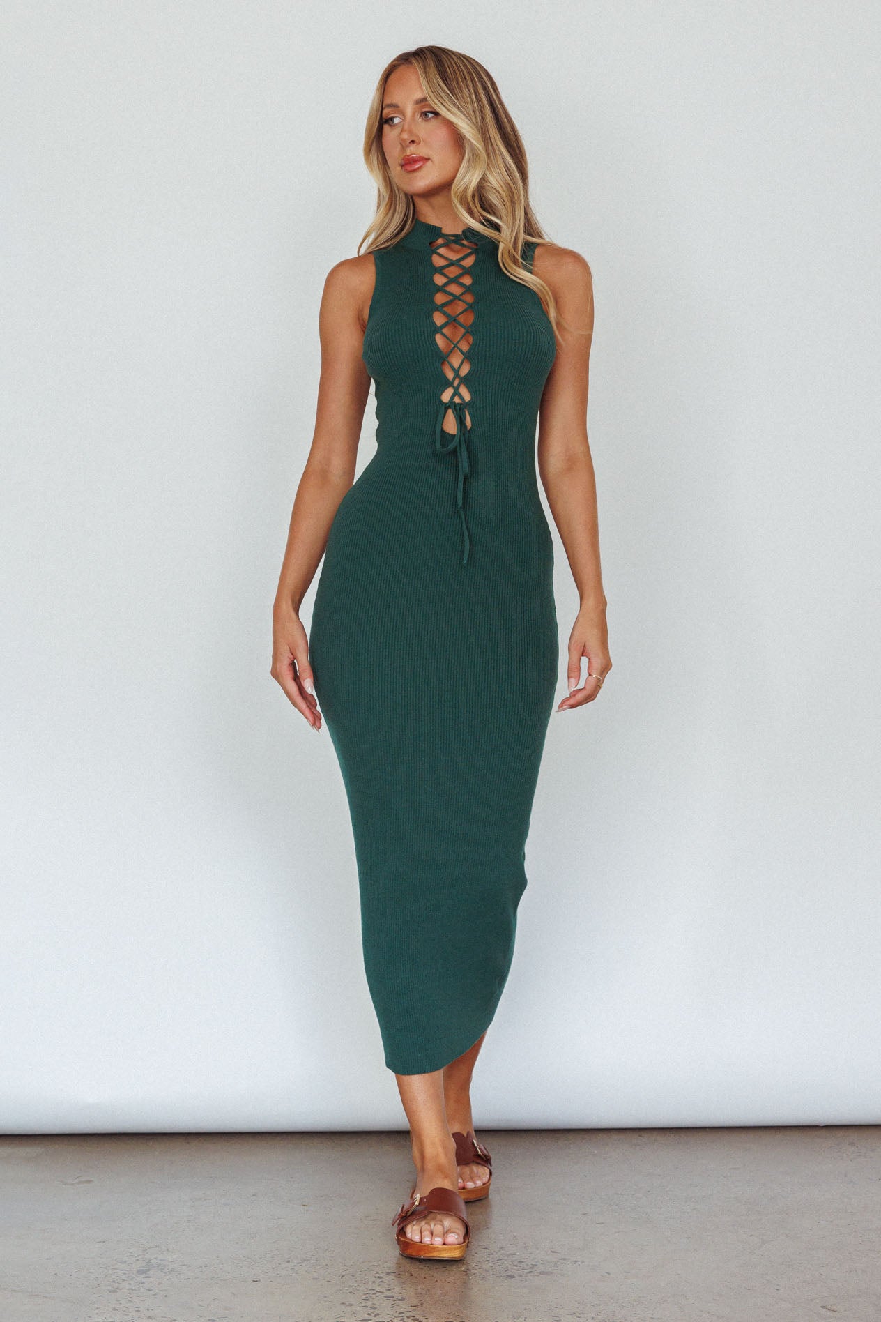 Brand New Day Lace-Up Bust Knit Midi Dress Emerald-Maymioy
