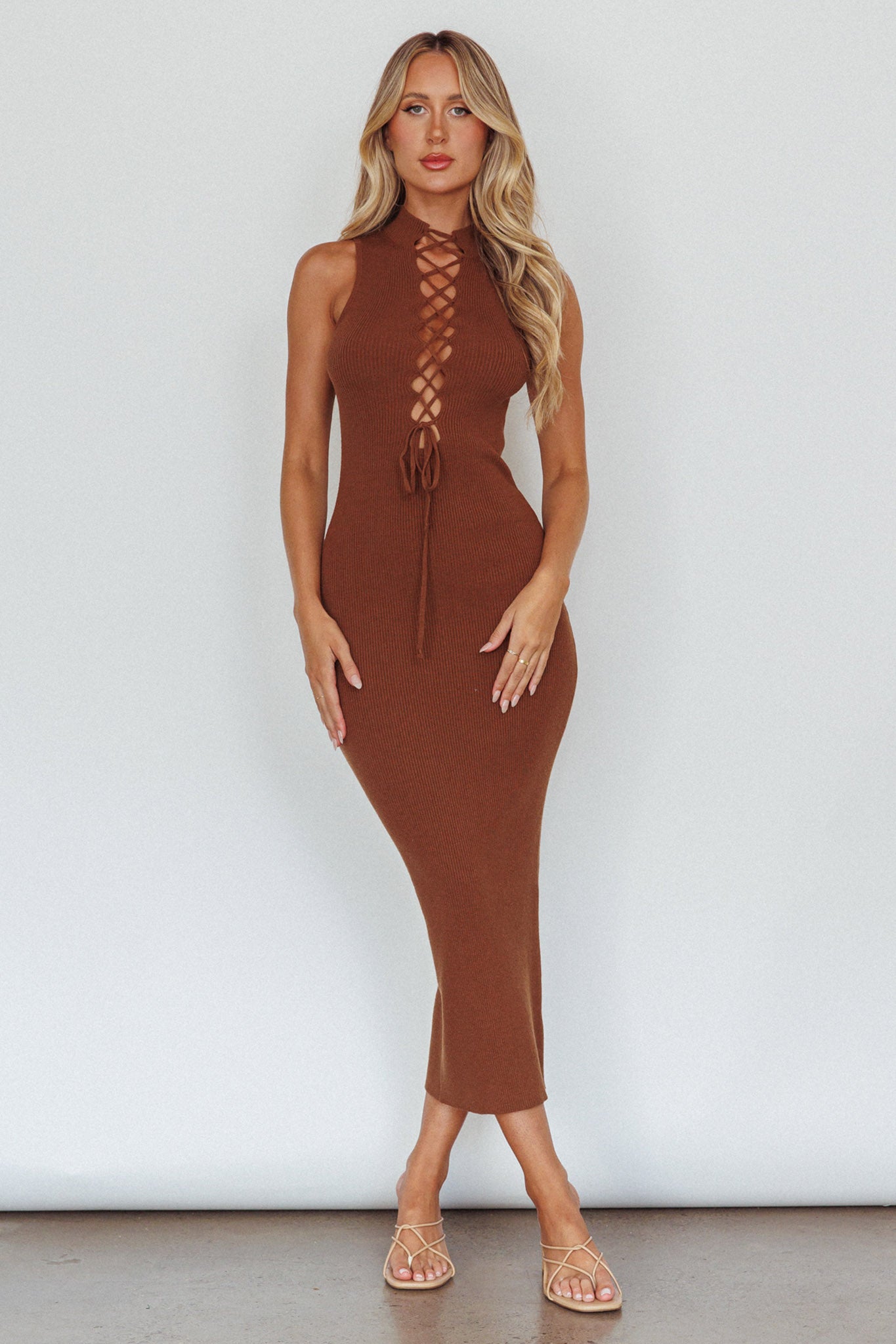 Brand New Day Lace-Up Bust Knit Midi Dress Chocolate-Maymioy