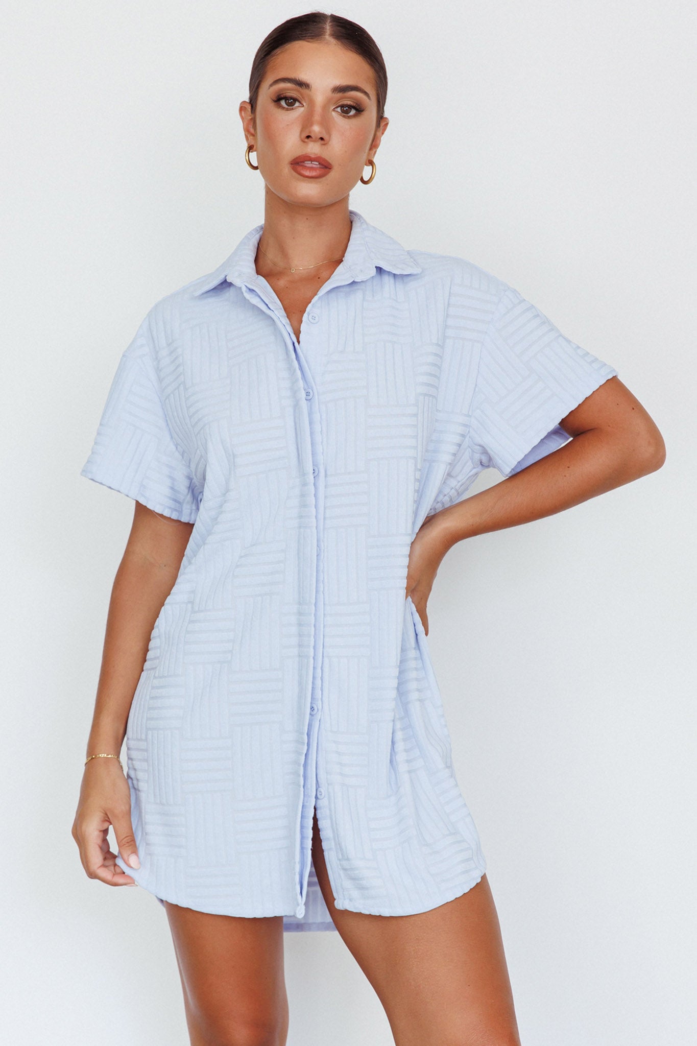 Sun Time Textured Shirt Dress Blue-Maymioy