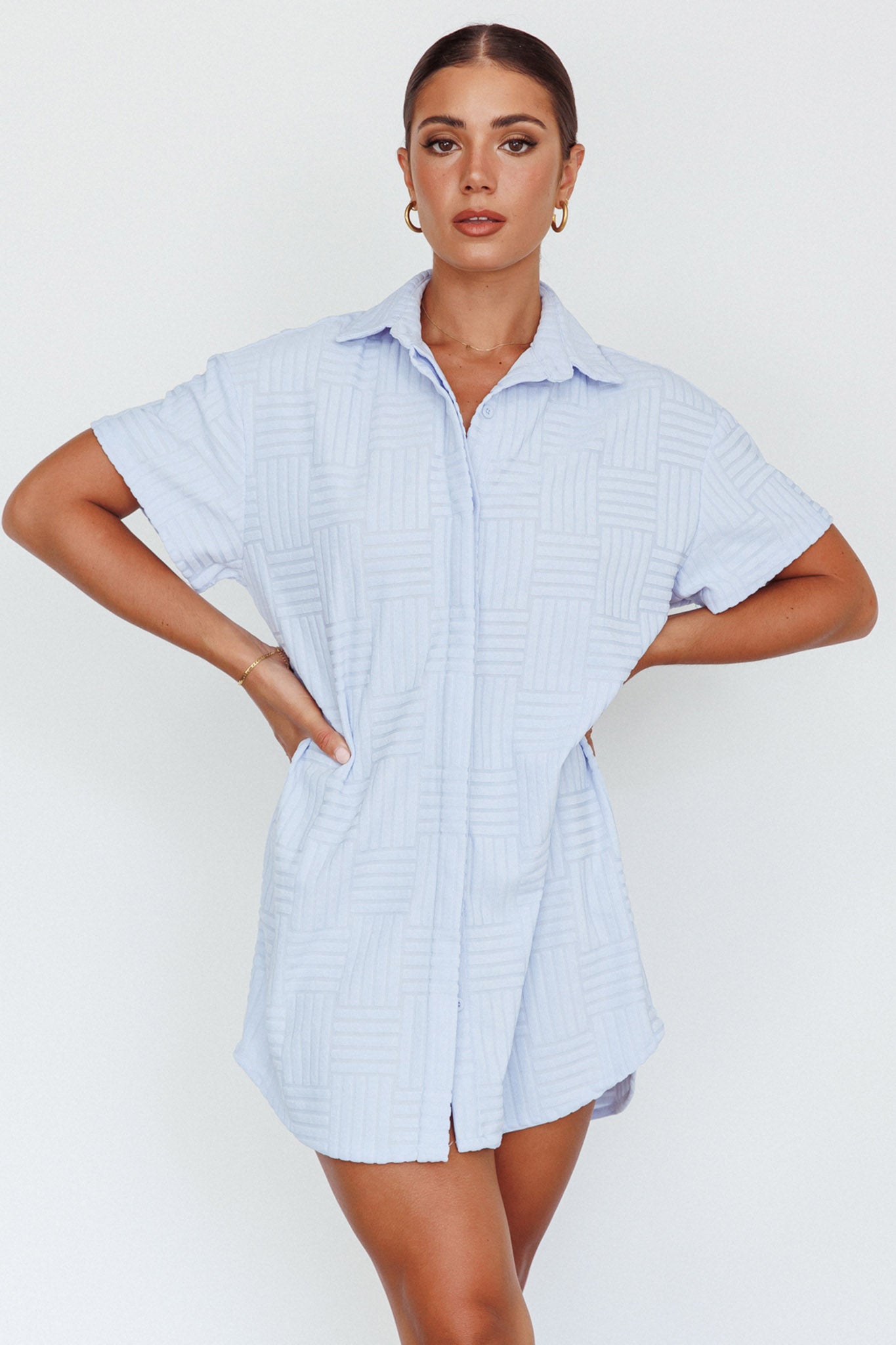 Sun Time Textured Shirt Dress Blue-Maymioy