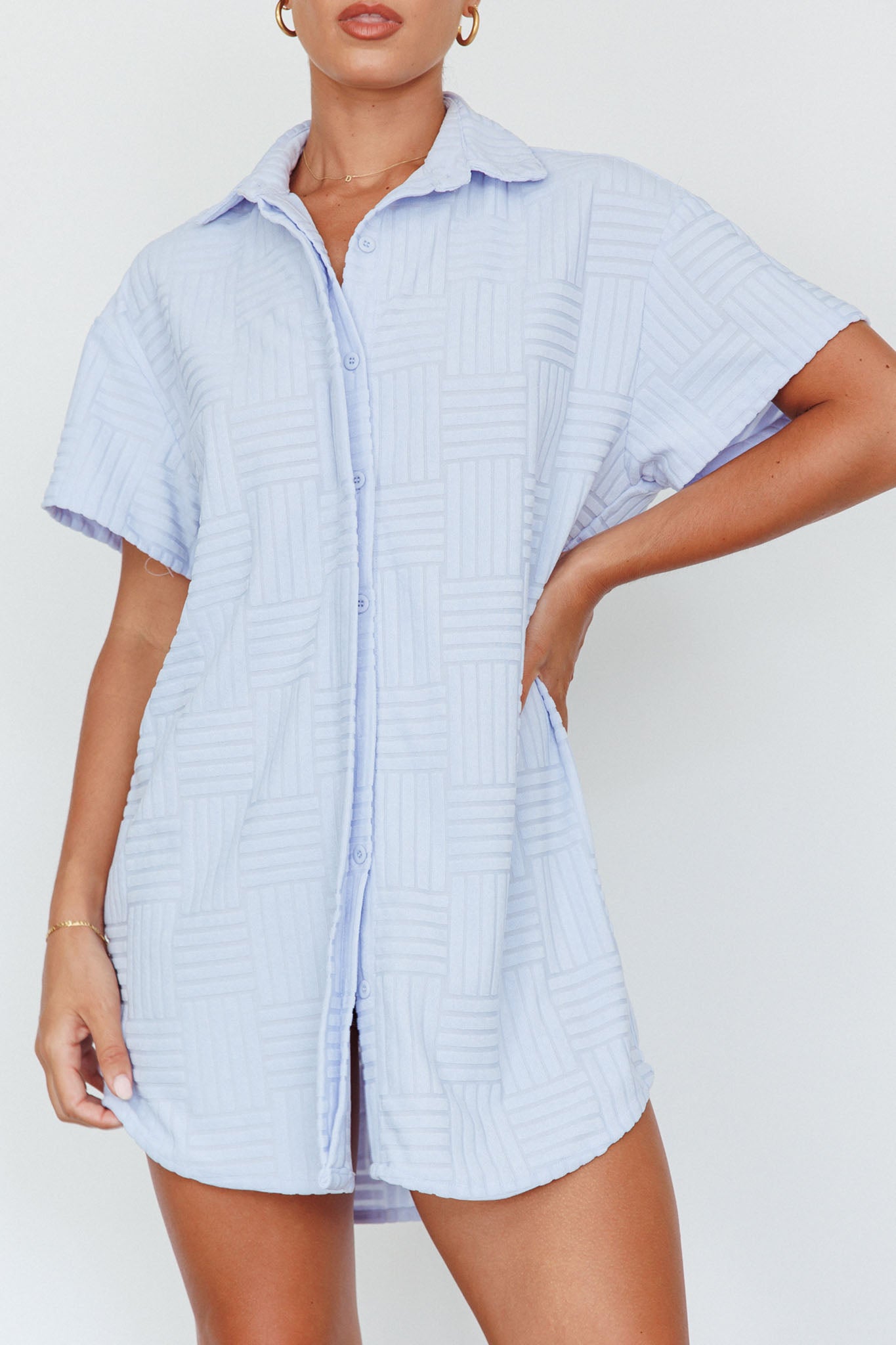 Sun Time Textured Shirt Dress Blue-Maymioy