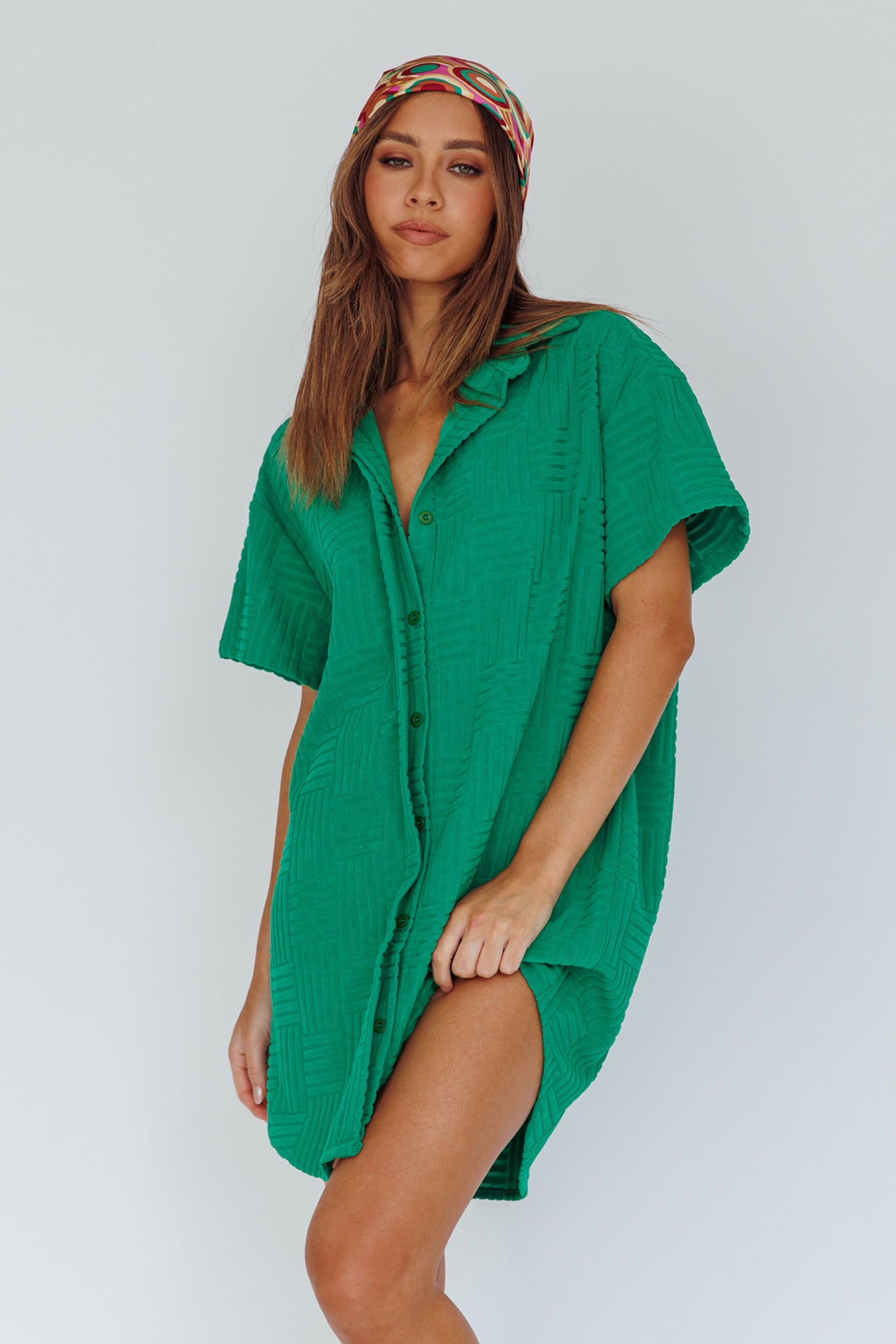 Sun Time Textured Shirt Dress Green-Maymioy