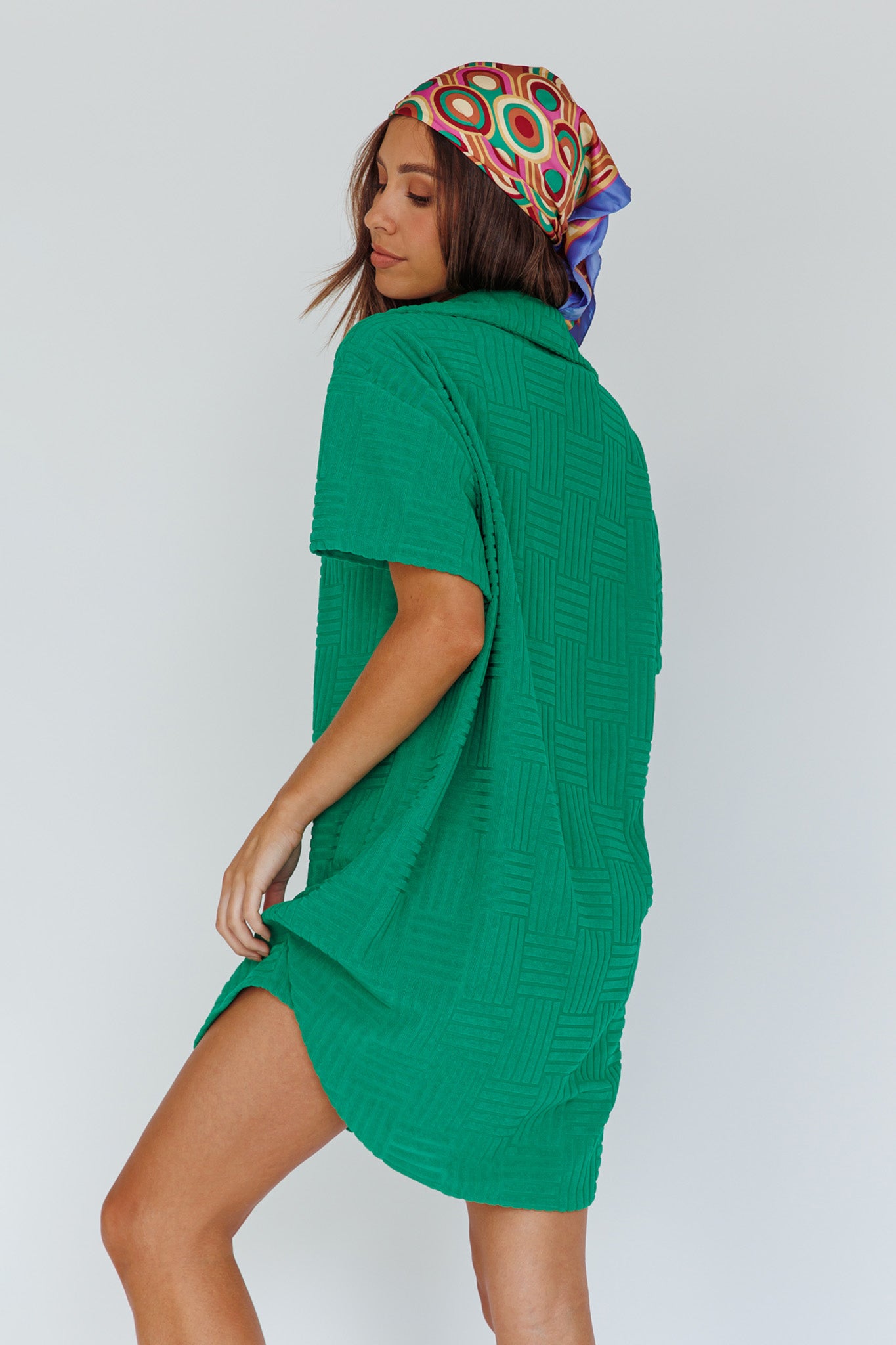 Sun Time Textured Shirt Dress Green-Maymioy