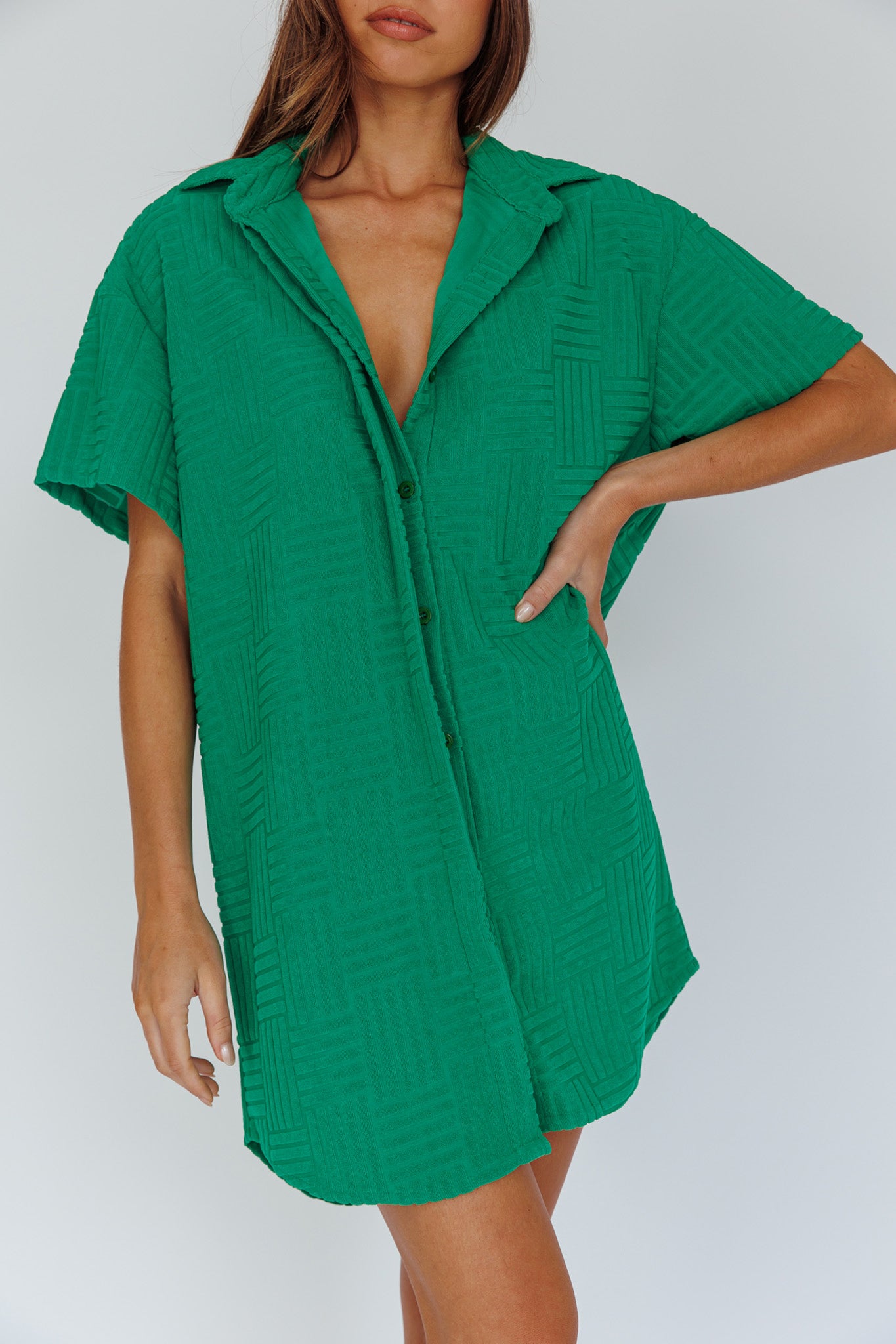 Sun Time Textured Shirt Dress Green-Maymioy