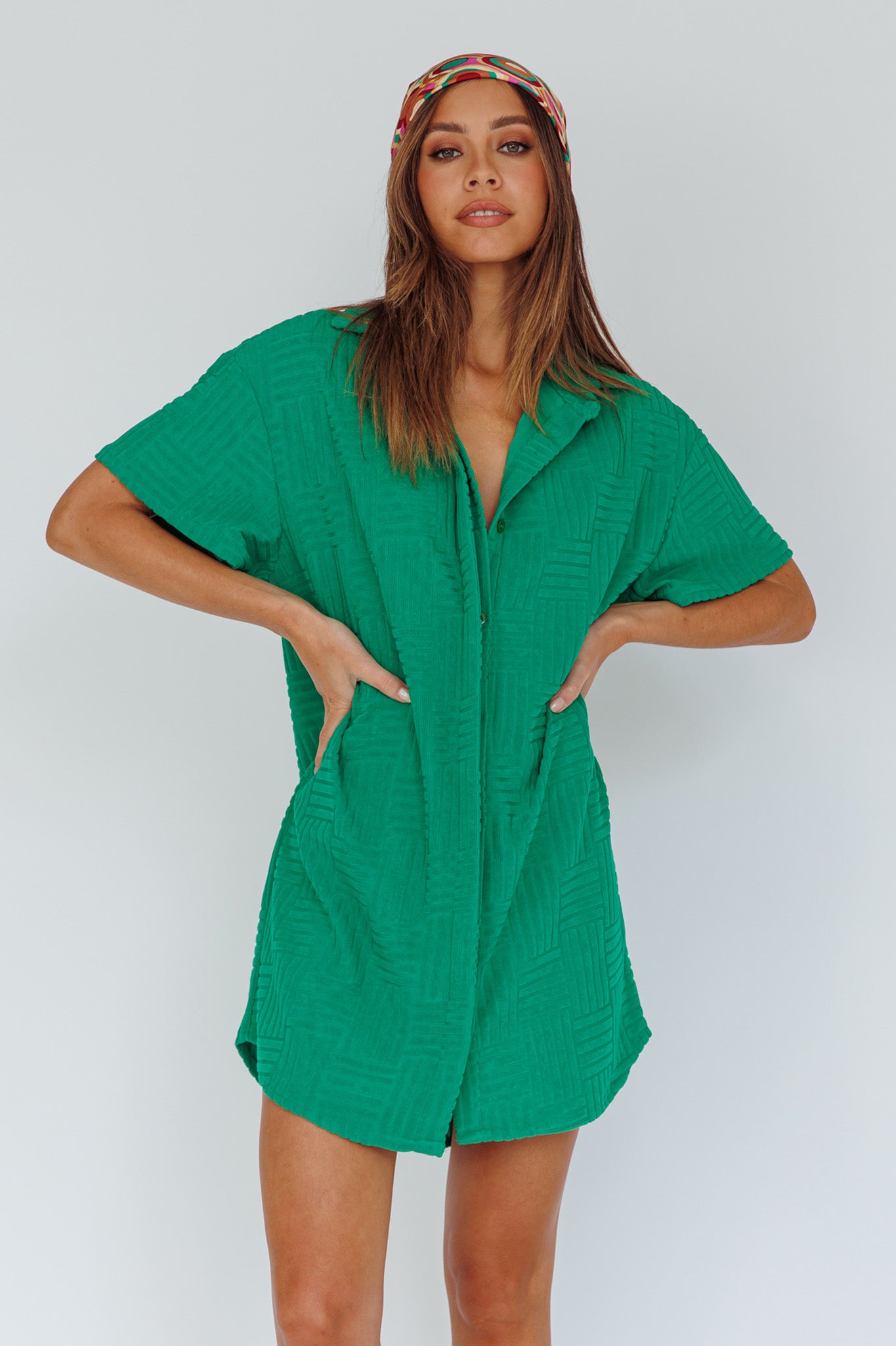 Sun Time Textured Shirt Dress Green-Maymioy