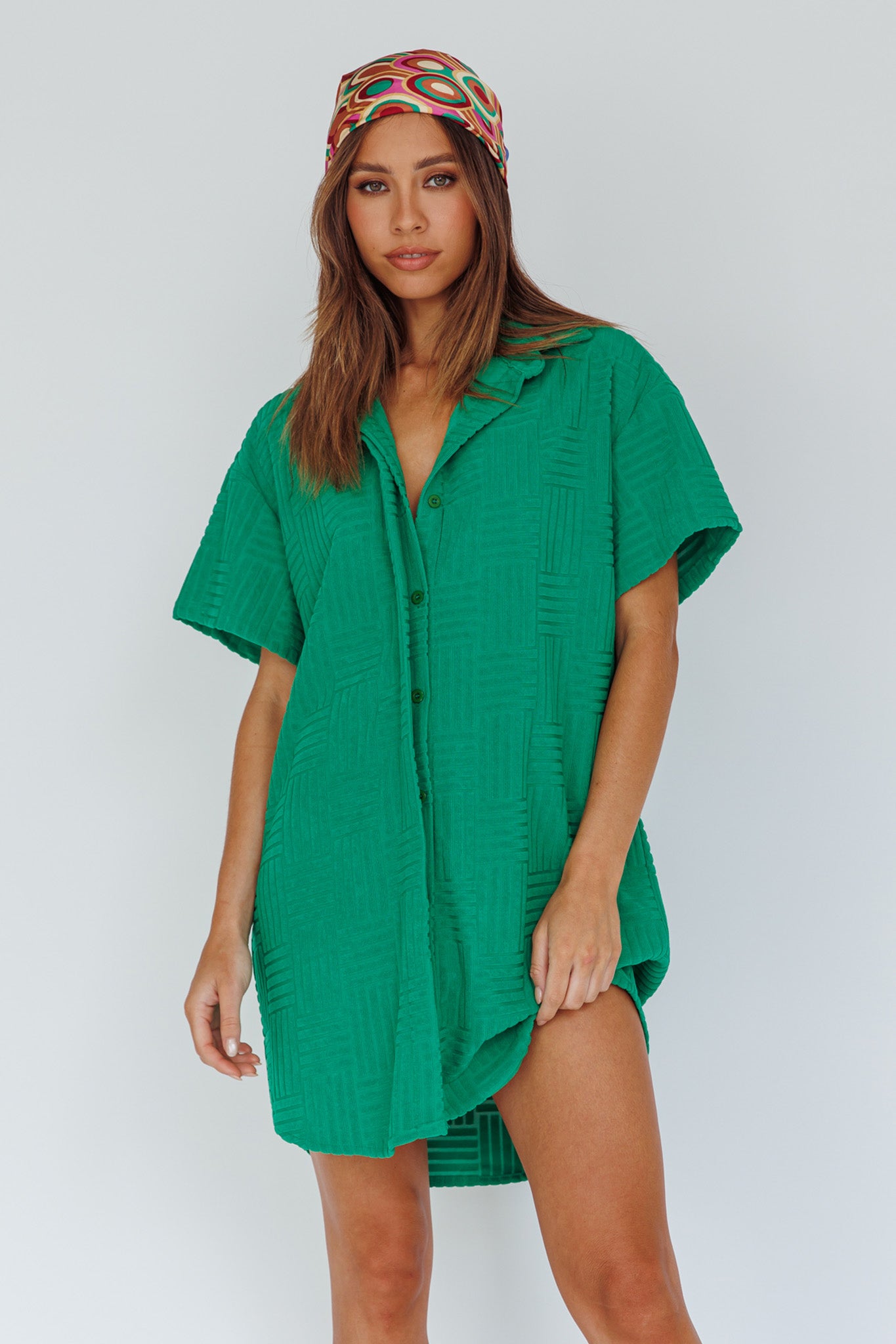Sun Time Textured Shirt Dress Green-Maymioy