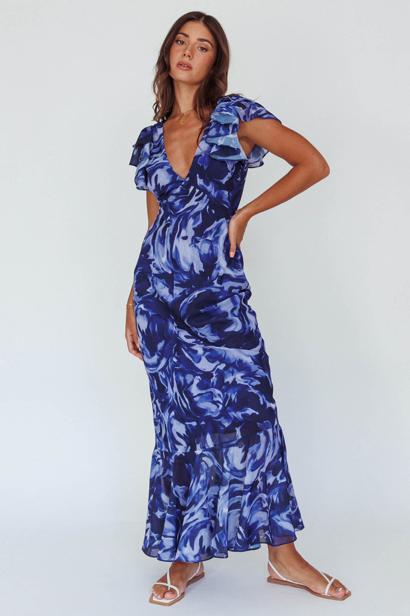 Lydiah Ruffle Sleeve Maxi Dress Floral Blue-Maymioy