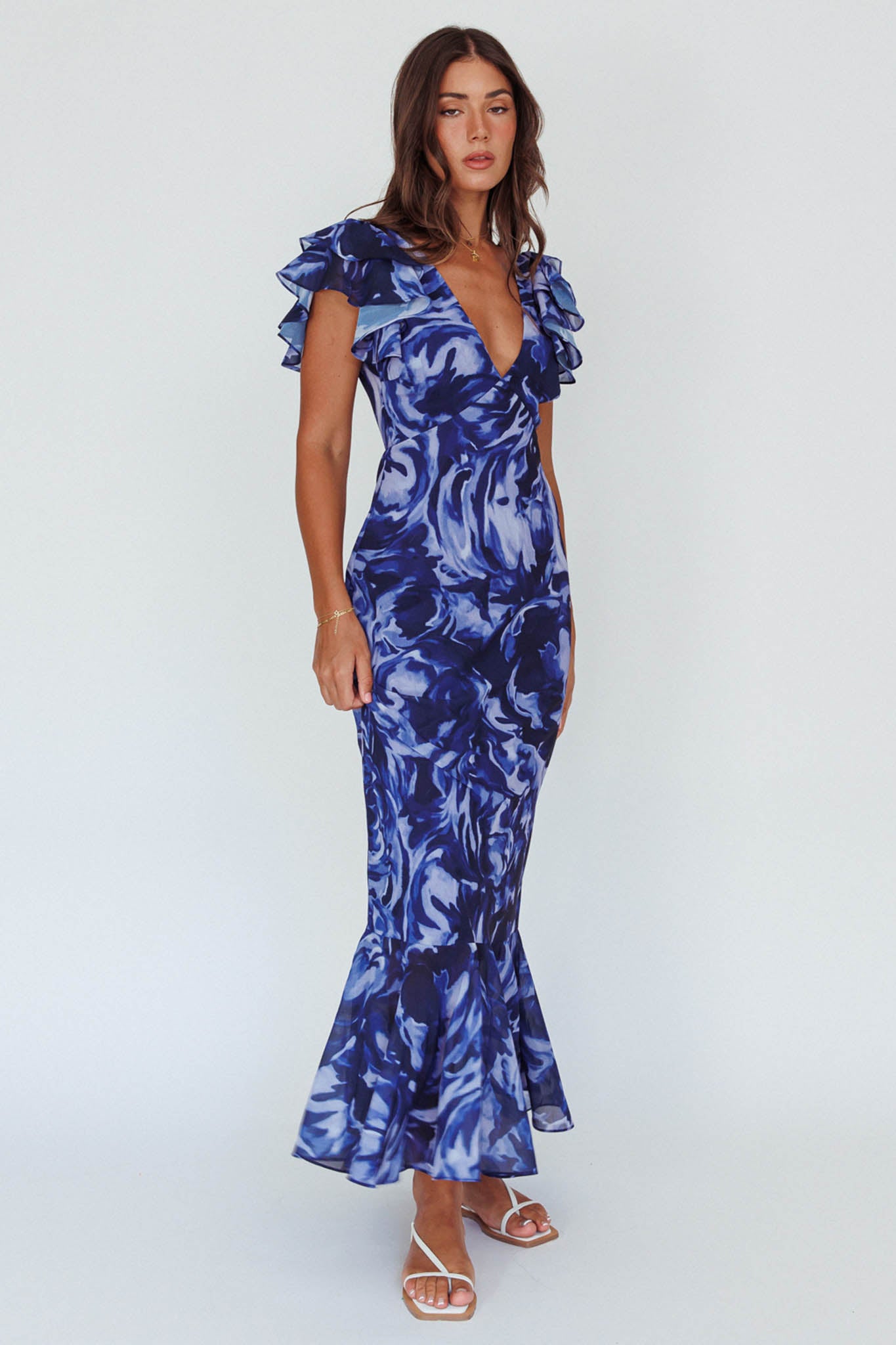 Lydiah Ruffle Sleeve Maxi Dress Floral Blue-Maymioy