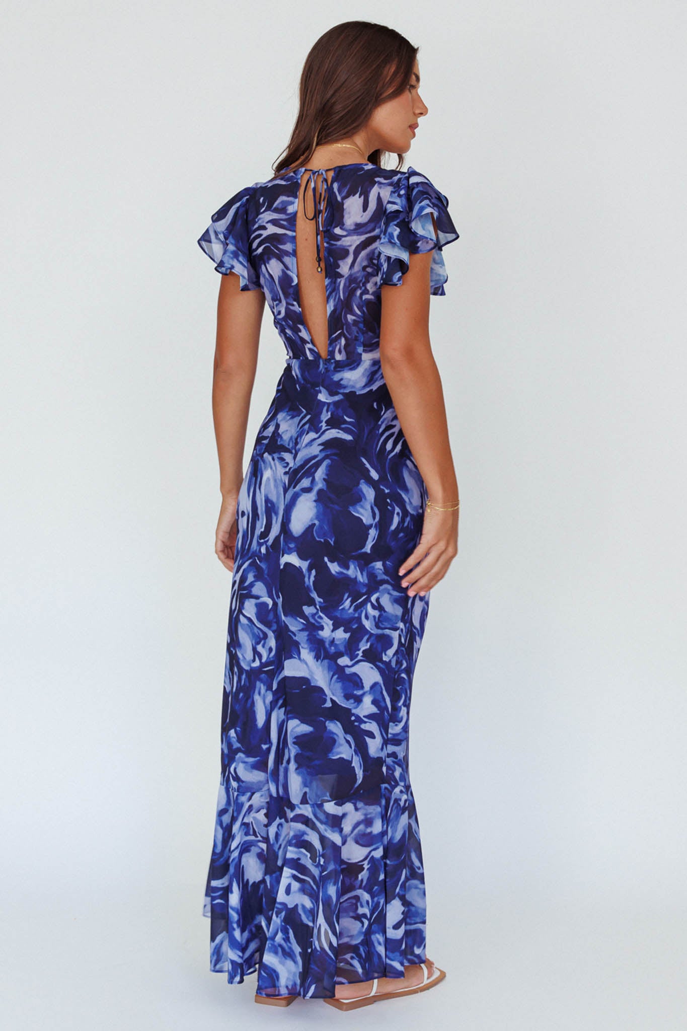 Lydiah Ruffle Sleeve Maxi Dress Floral Blue-Maymioy