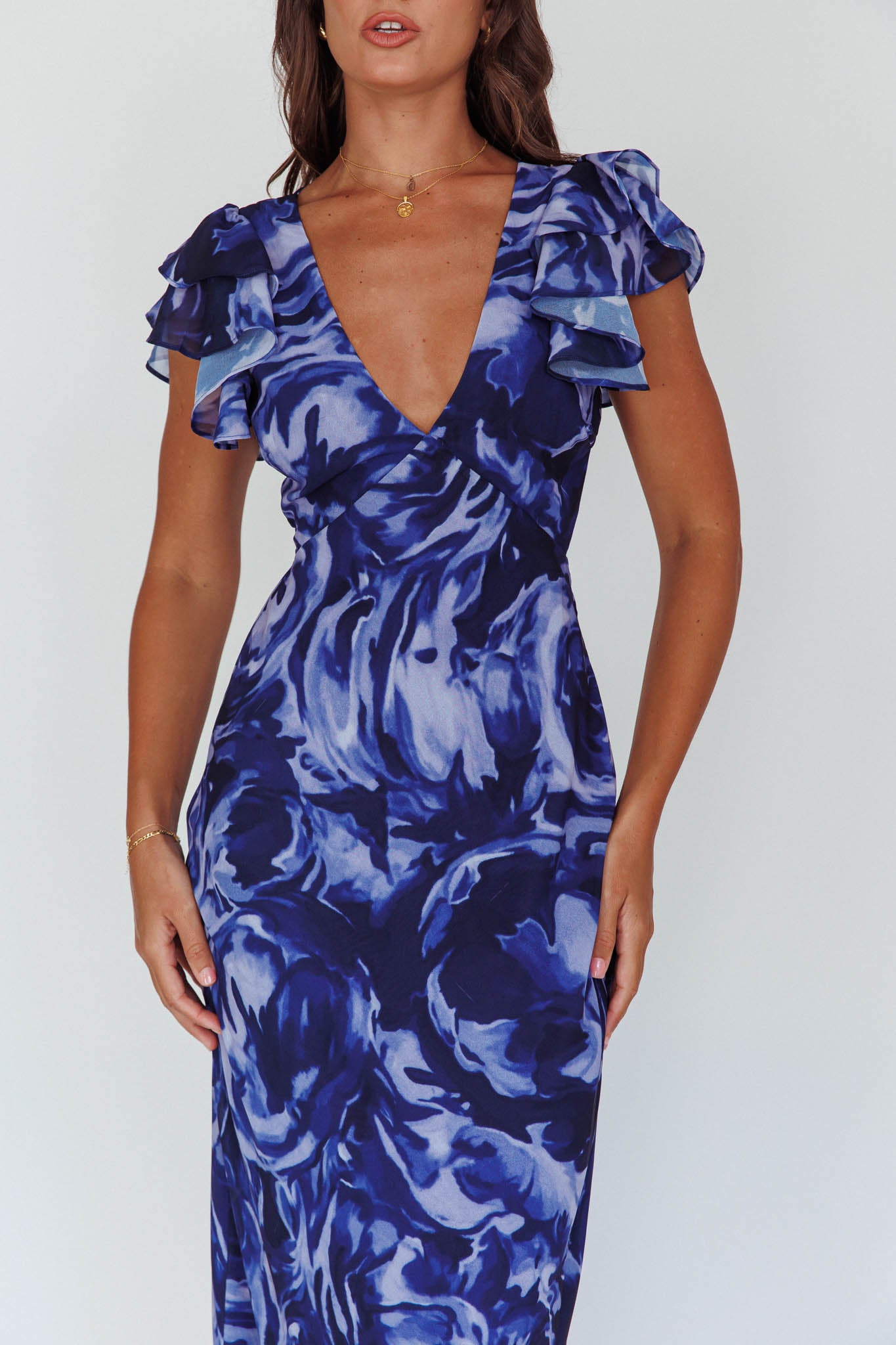 Lydiah Ruffle Sleeve Maxi Dress Floral Blue-Maymioy