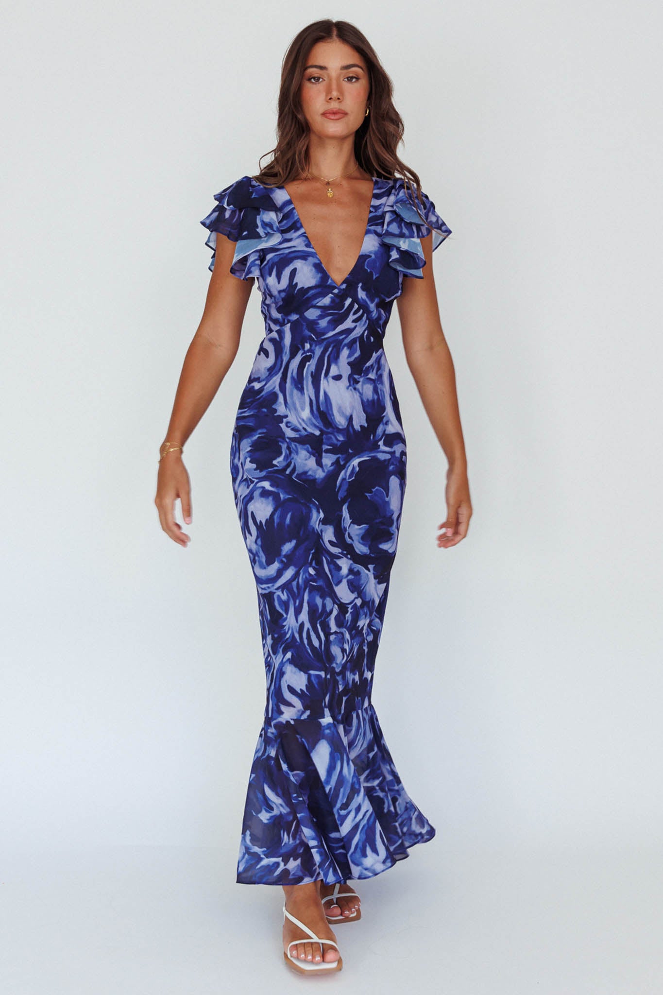 Lydiah Ruffle Sleeve Maxi Dress Floral Blue-Maymioy