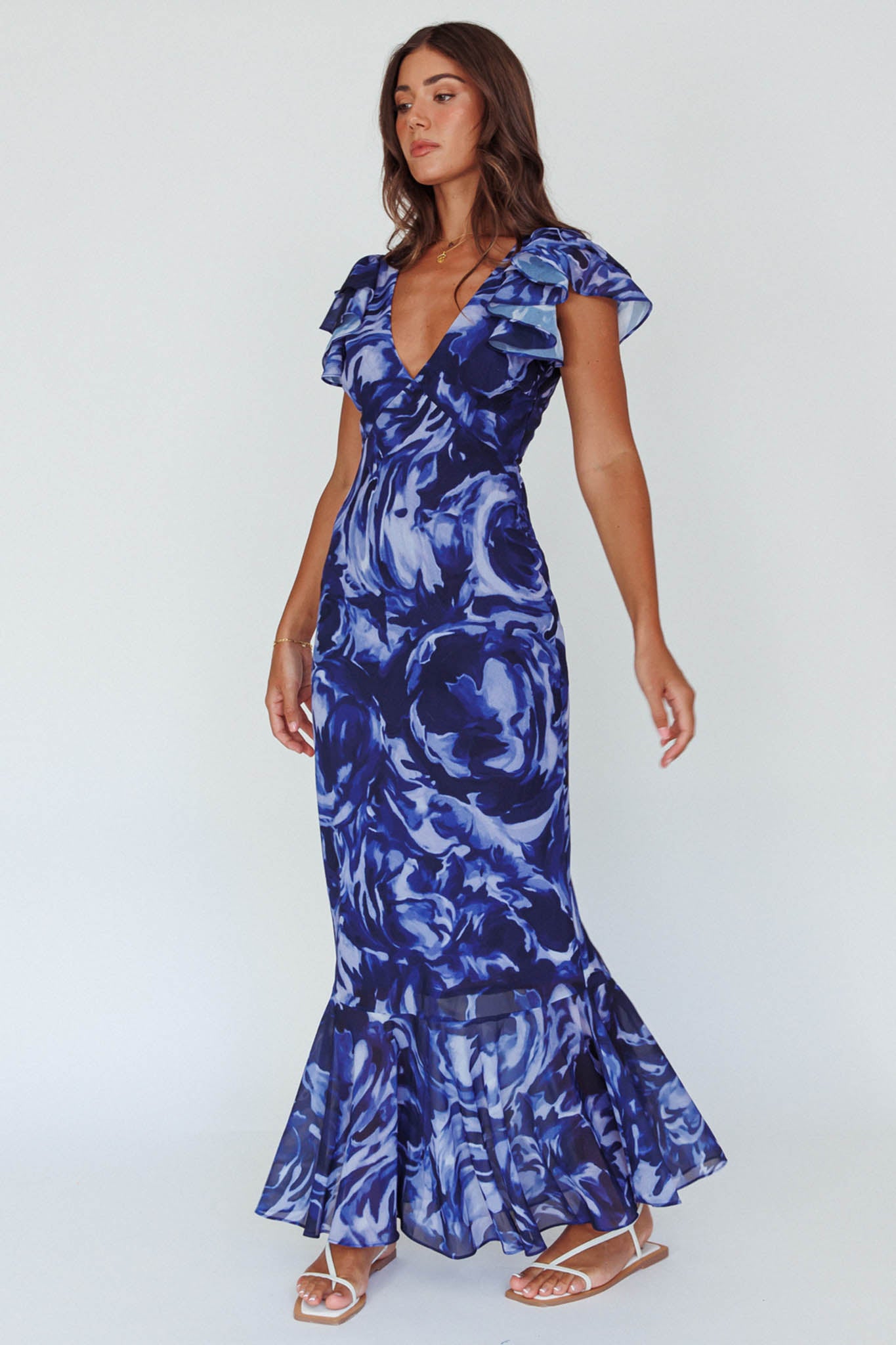 Lydiah Ruffle Sleeve Maxi Dress Floral Blue-Maymioy