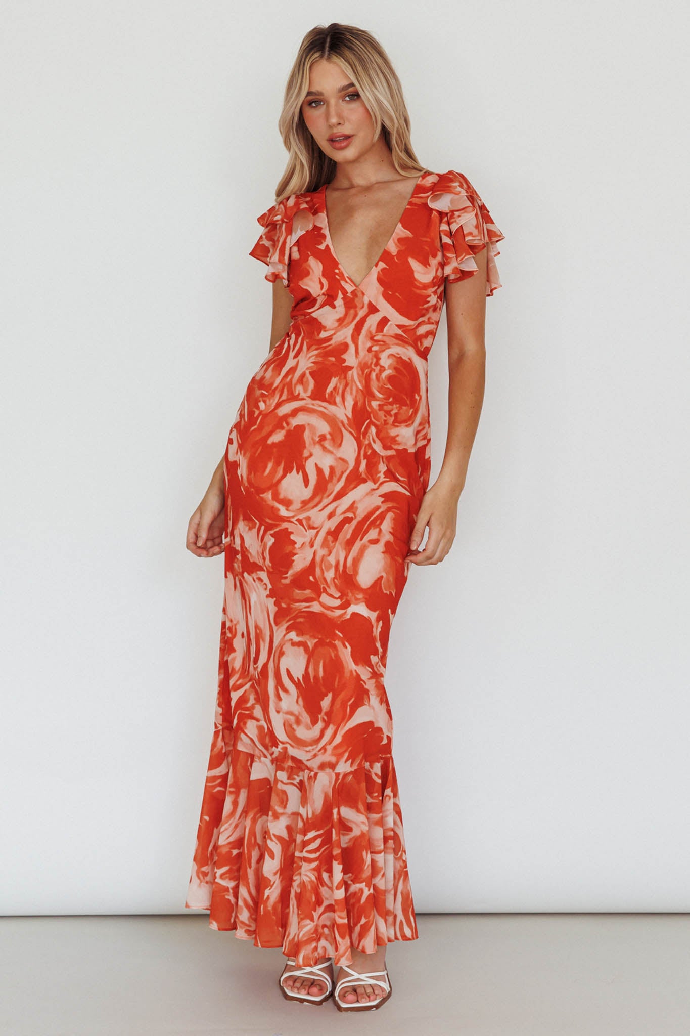 Lydiah Ruffle Sleeve Maxi Dress Floral Orange-Maymioy
