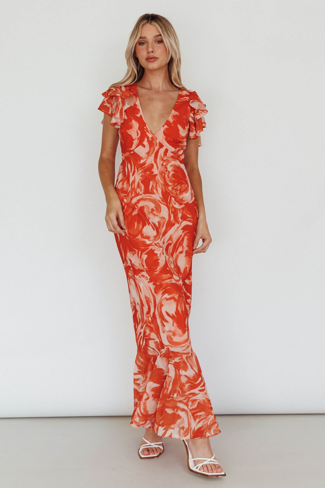 Lydiah Ruffle Sleeve Maxi Dress Floral Orange-Maymioy