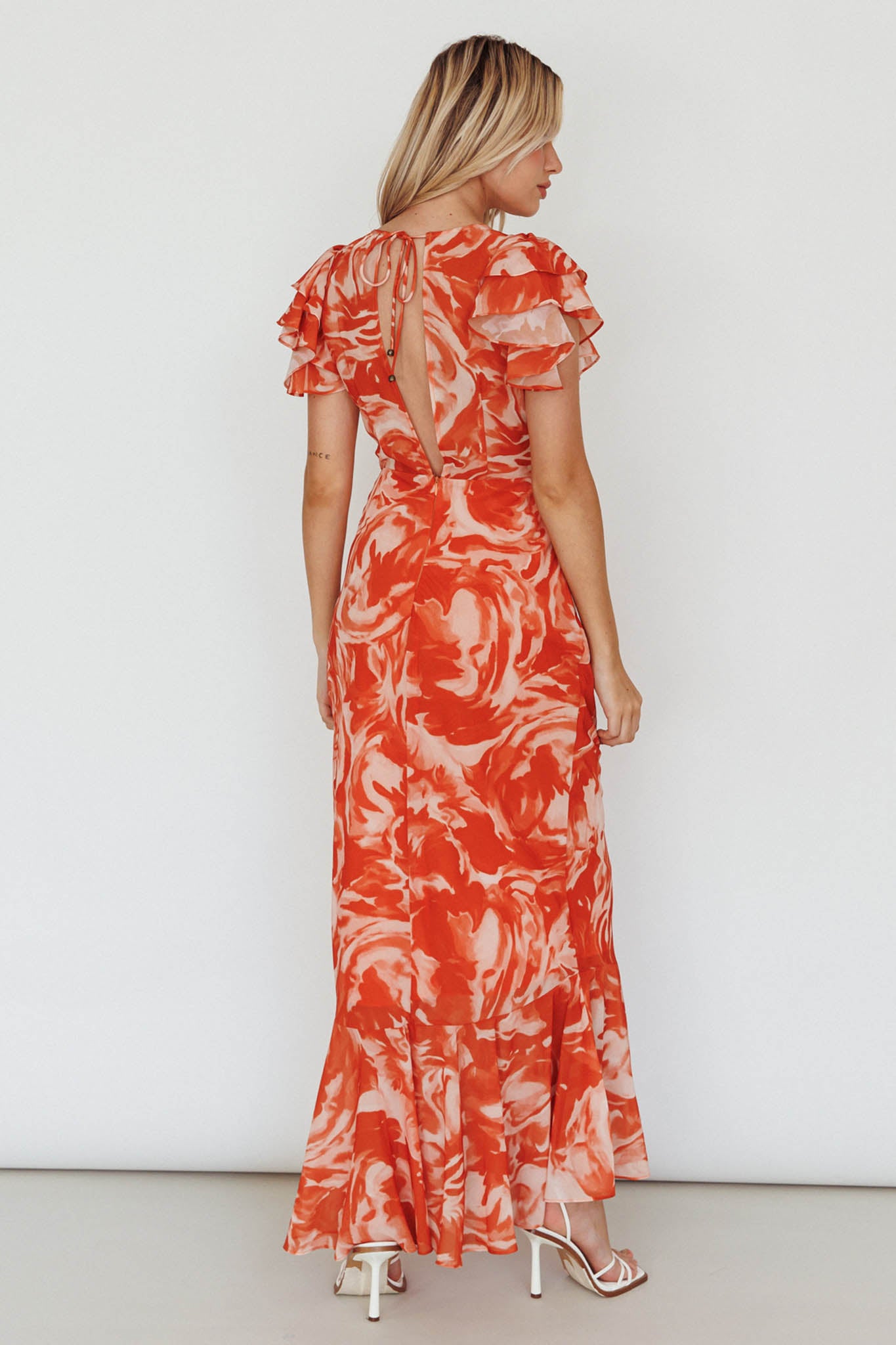 Lydiah Ruffle Sleeve Maxi Dress Floral Orange-Maymioy