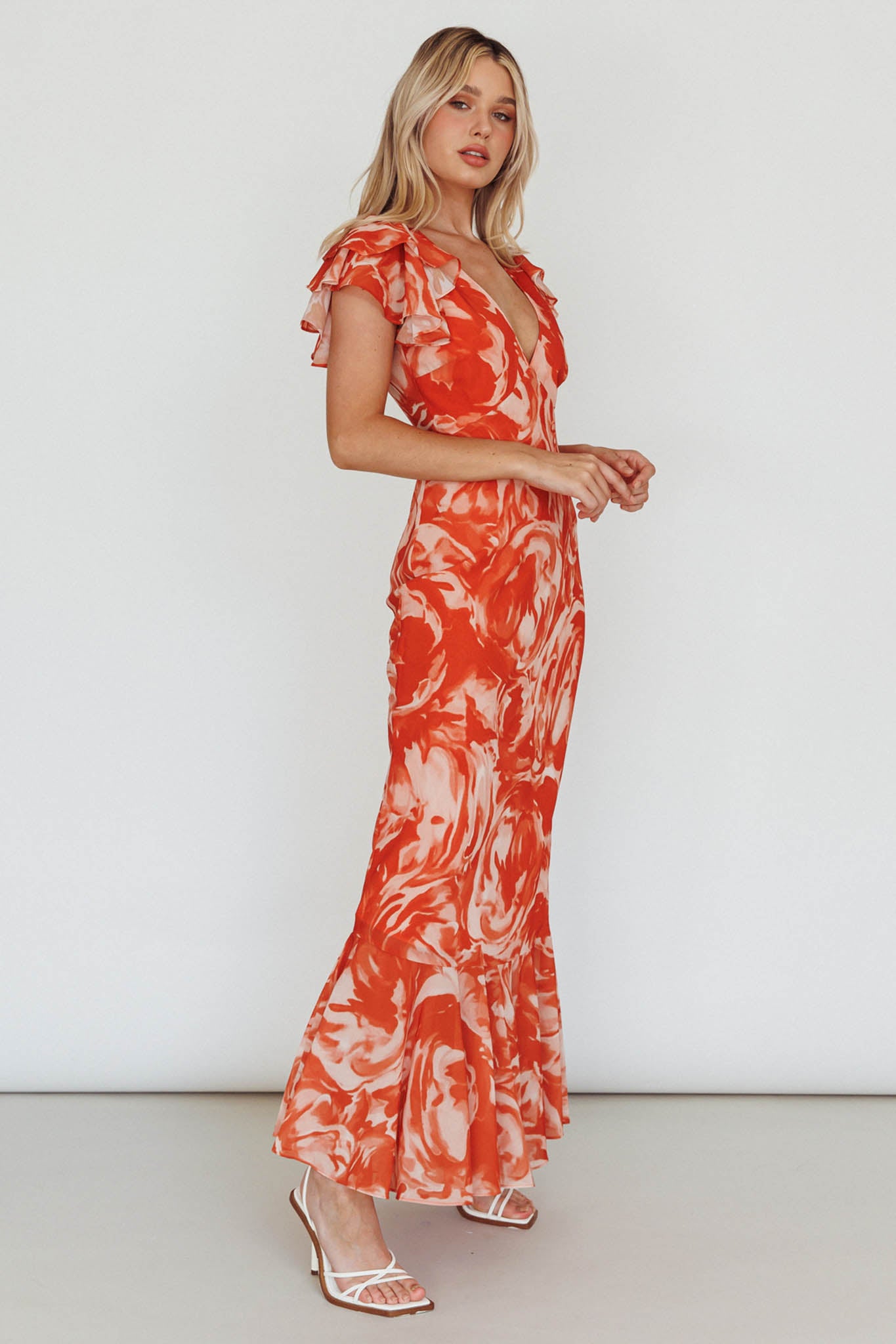 Lydiah Ruffle Sleeve Maxi Dress Floral Orange-Maymioy