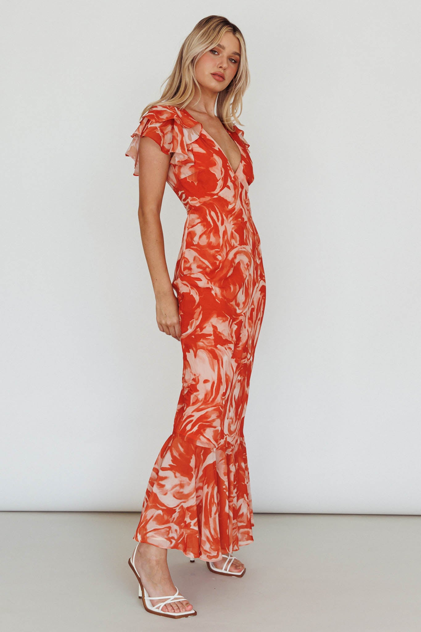 Lydiah Ruffle Sleeve Maxi Dress Floral Orange-Maymioy