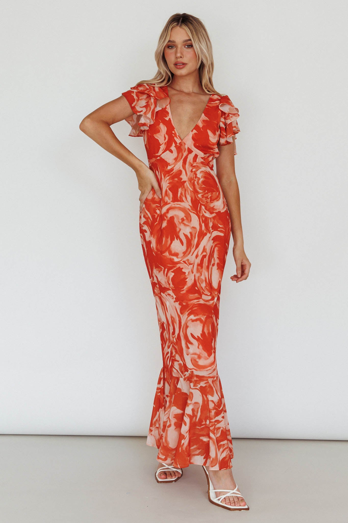Lydiah Ruffle Sleeve Maxi Dress Floral Orange-Maymioy