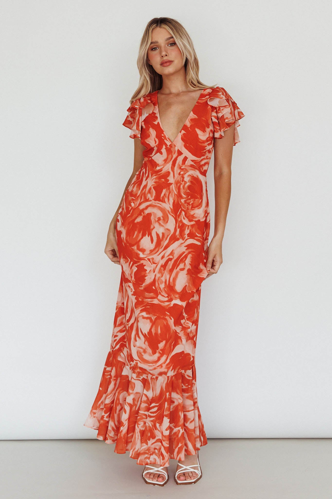 Lydiah Ruffle Sleeve Maxi Dress Floral Orange-Maymioy