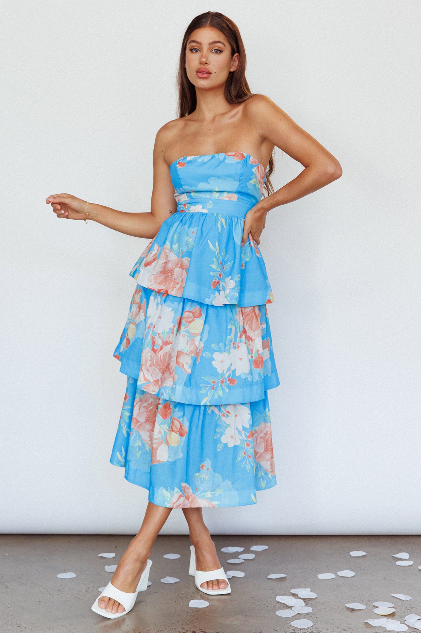Outshine Strapless Tiered Midi Dress Floral Blue-Maymioy