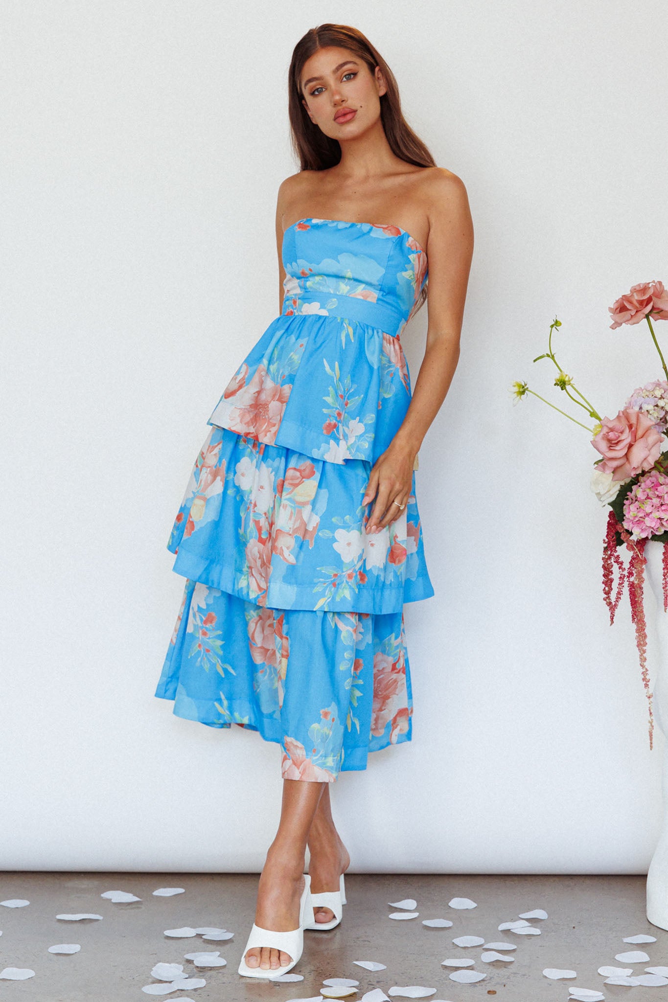 Outshine Strapless Tiered Midi Dress Floral Blue-Maymioy