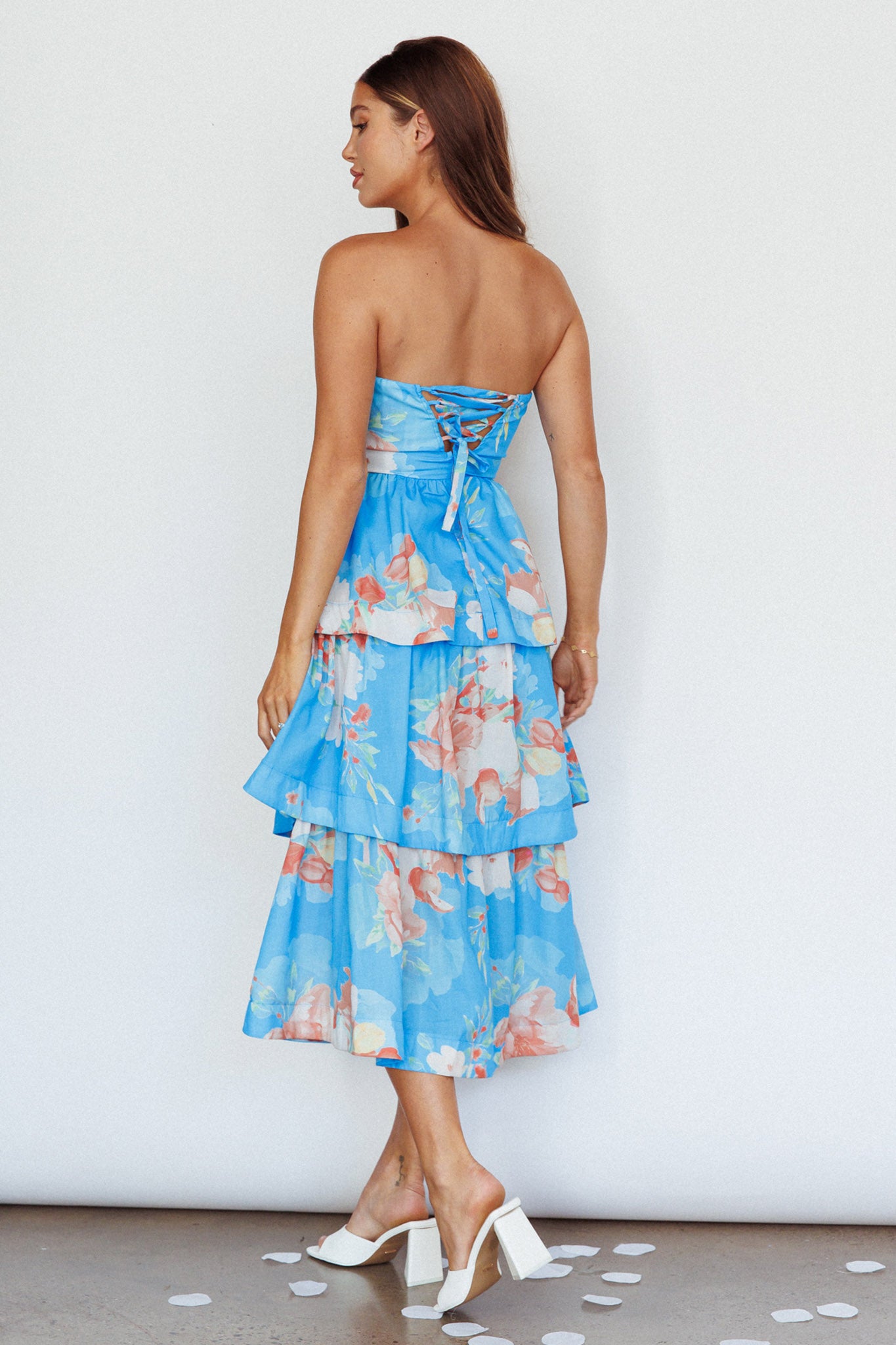 Outshine Strapless Tiered Midi Dress Floral Blue-Maymioy