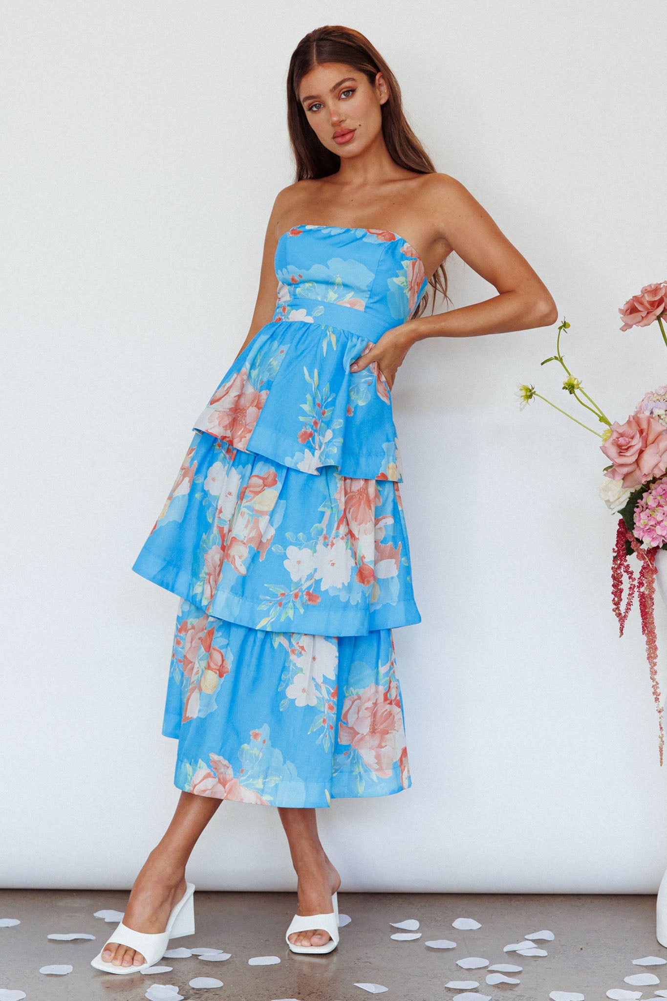 Outshine Strapless Tiered Midi Dress Floral Blue-Maymioy