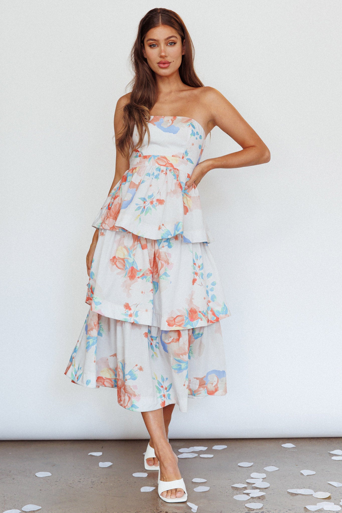 Outshine Strapless Tiered Midi Dress Floral Peach-Maymioy