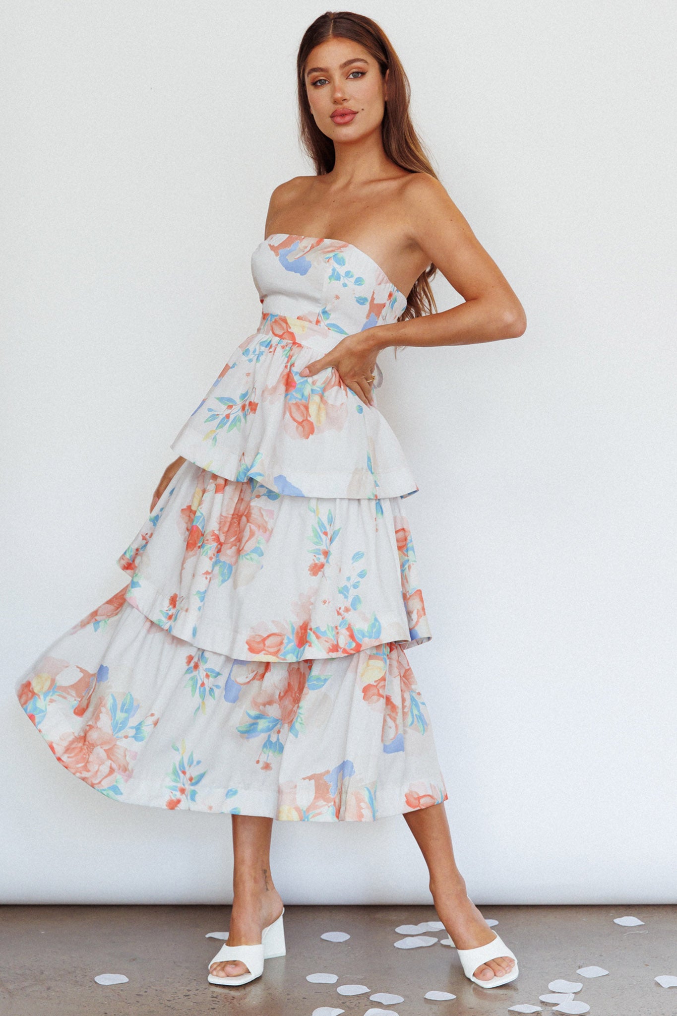 Outshine Strapless Tiered Midi Dress Floral Peach-Maymioy