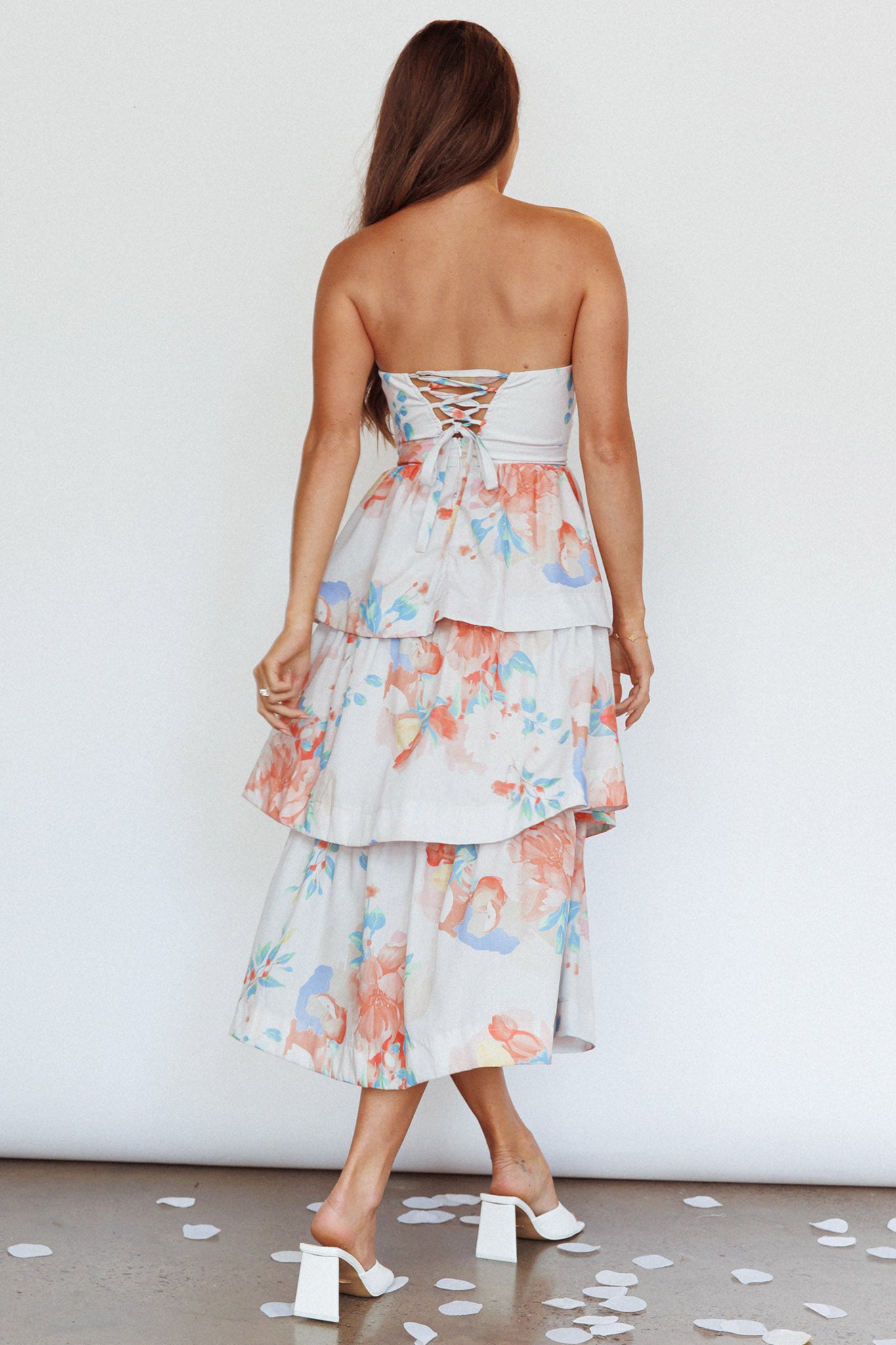 Outshine Strapless Tiered Midi Dress Floral Peach-Maymioy