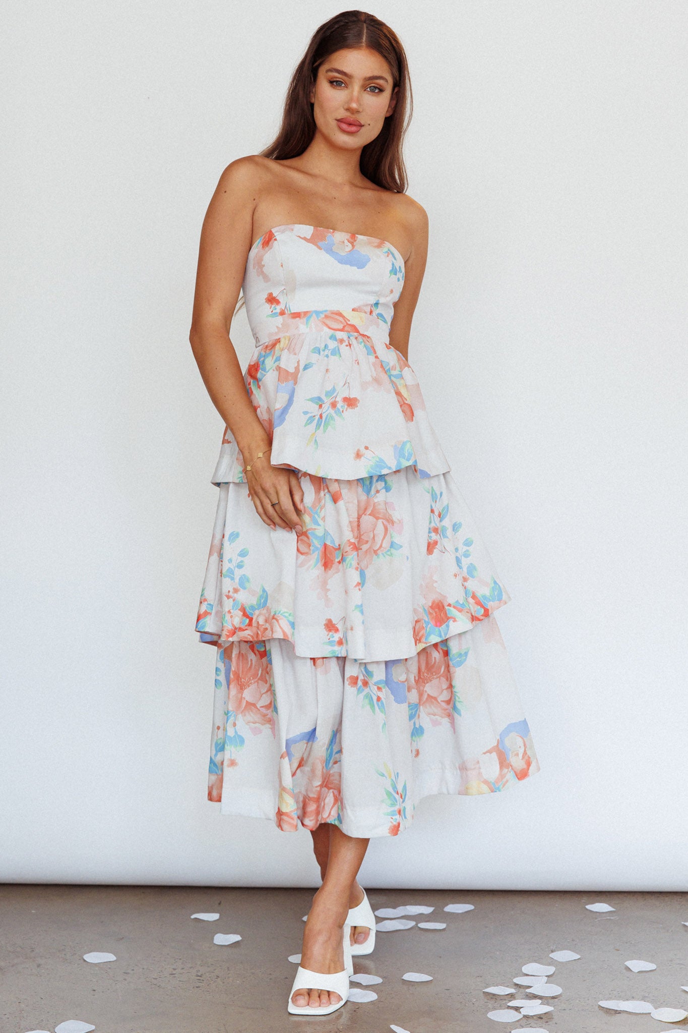 Outshine Strapless Tiered Midi Dress Floral Peach-Maymioy