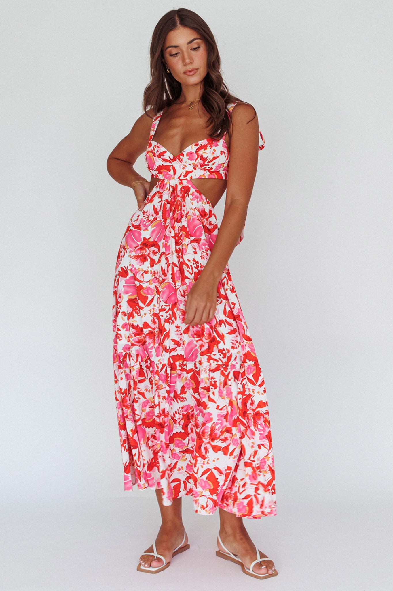 Sun Seeker Tied Shoulder Cut-Out Maxi Dress Floral Red-Maymioy
